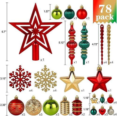 Miniatura 2 de Adornos para árbol de Navidad, paquete de 78 adornos para árbol de Navidad, bolas de Navidad rojas y verdes, doradas, inastillables, juego surtido