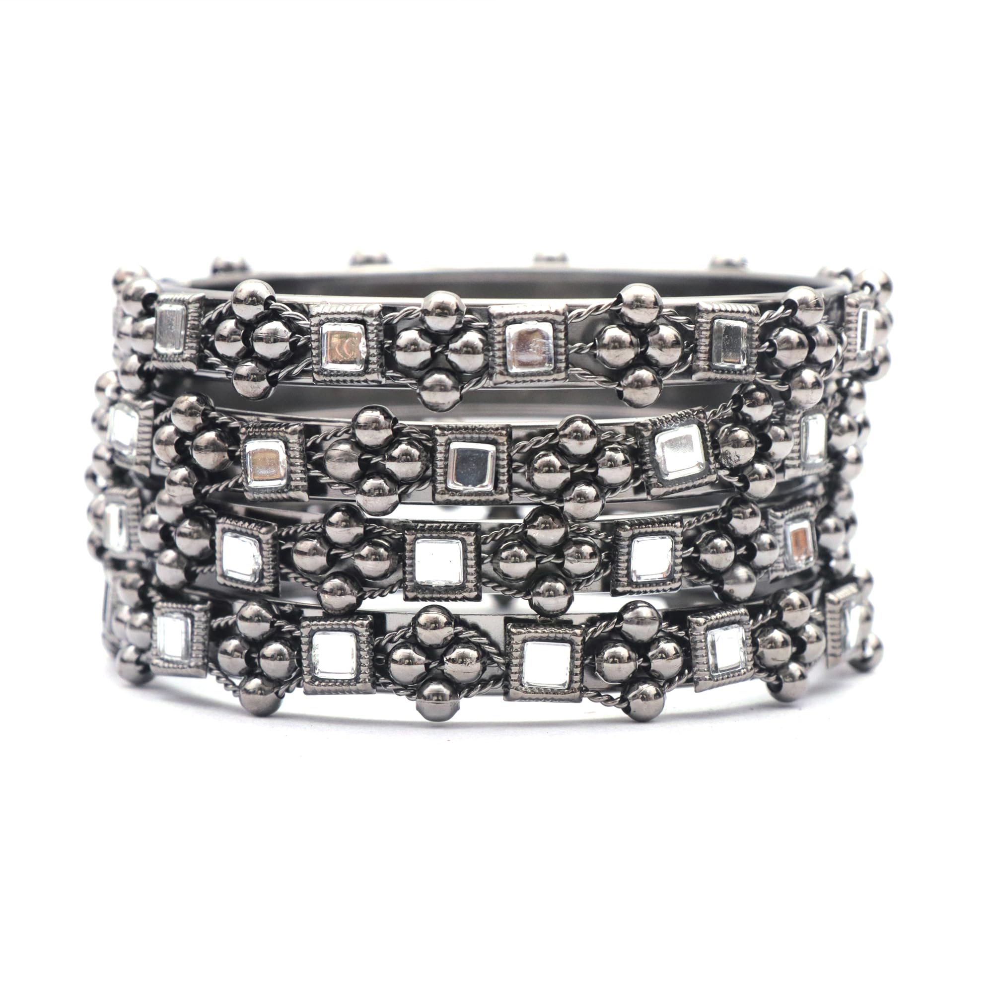 Navjai Designer Black Polish Boho Vintage Beads Oxidised Mirror Work Kara Kada Set for Women & Girls Traditional Bangles Pack of 4 Metal Churi Set (2.8) (B0C9QRL2VW) Amazon Price History, Amazon Price Tracker