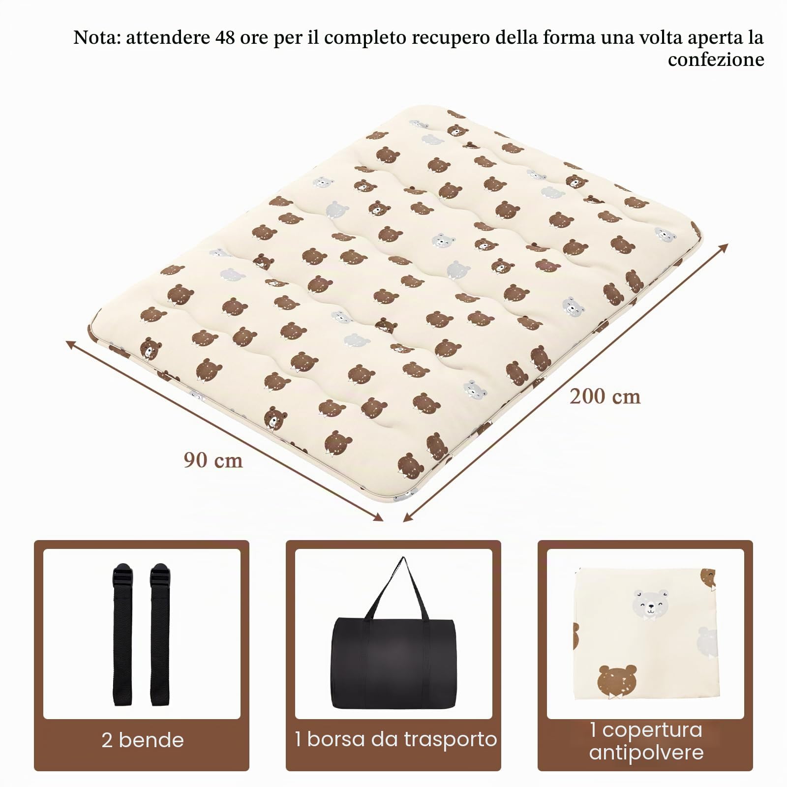 LIFEZEAL Futon Giapponese da Pavimento, Singolo 90x200cm, Materasso Futon da Terra, Tatami Cotone, Arrotolabile, Portatile, Pieghevole, con Fodera Lavabile, Borsa per Campeggio, Motivo a Orsetti