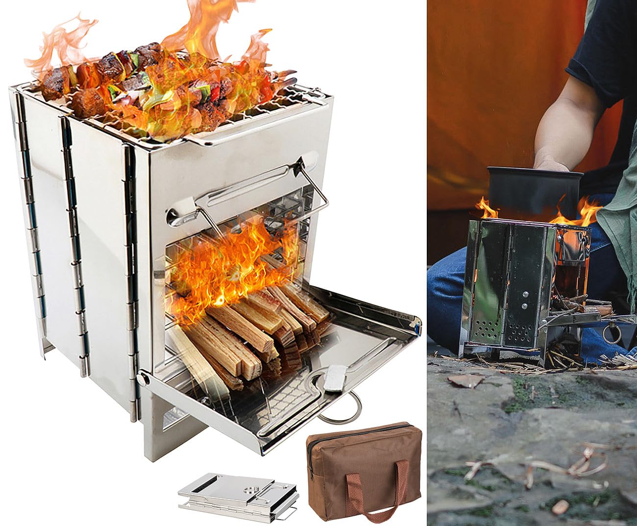 PEARL Campingofen: Camping-Holzofen aus Edelstahl, faltbar, inklusive Transporttasche (Campingofen Holz, Minigrill, BBQ)