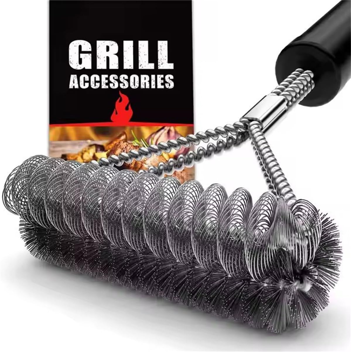 17" 2-in-1 BBQ Grill Cleaning Brush, Stainless Steel Wire Bristles Grill Cleaner with Spring Coil Design, Safe & Efficient Scrubber for Gas, Charcoal & Electric Grills