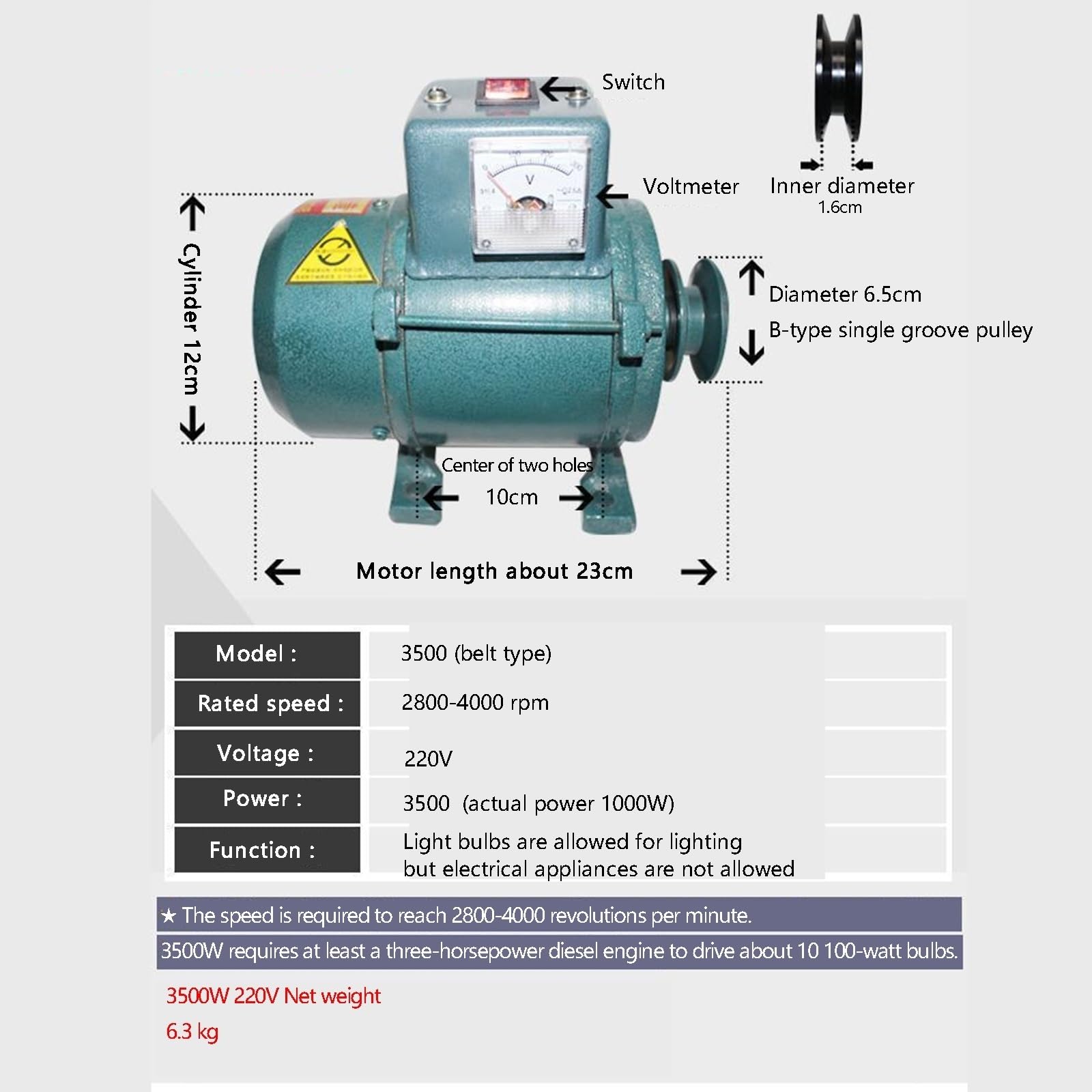 Generatore A Magneti Permanenti 3500W 220V, Brushless, Rame Puro 3000RPM | Trasmissione A Cinghia, 3000–4000 Giri/min, Uscita Per Illuminazione, Corpo Compatto Da 6kg, LED, Lampade E Progetti DIY