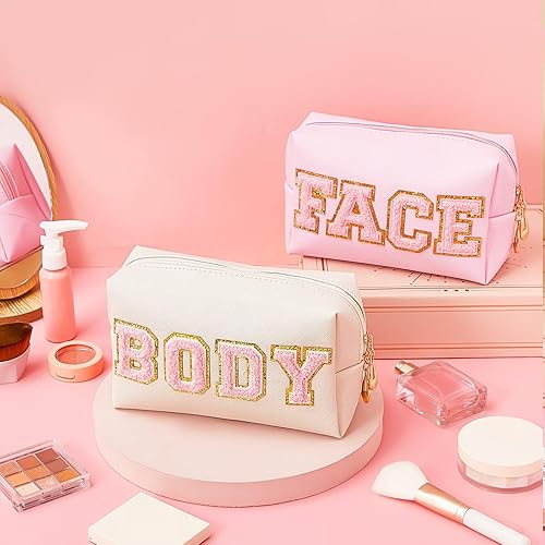 Miniatura 10 de Bolsa de maquillaje con parche de chenilla, 2 piezas, bolsa de cosméticos de piel sintética, impermeable, bolsa de maquillaje portátil, organizador