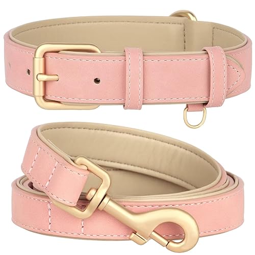 Beirui Soft Padded Leather Dog Collar and Leash Set, Heavy Duty Dog Leash and Collar Set with Metal Buckle, Breathable Dog Collars with 4FT Leather Dog Leash for Medium Dogs(Pink, Neck 13-17") - L:Fit Neck 13-17"(22-44lbs) - Pink
