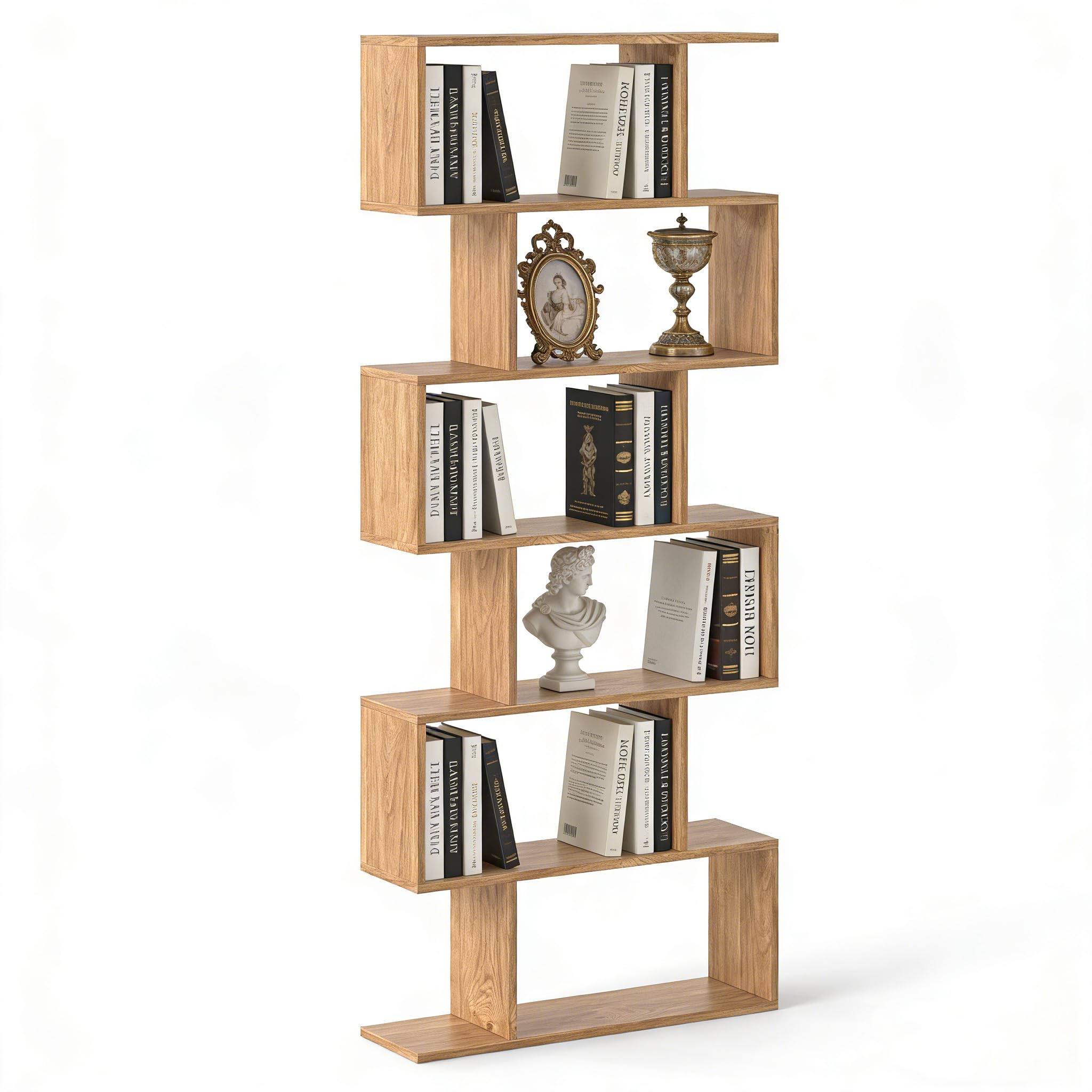 SFAREST 5/6 Tier Bookcase, S-Shaped Bookshelf(Natural,80 x 23 x 192cm)