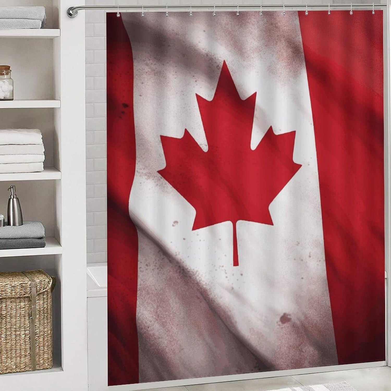 Canadian Flag Shower Curtain Set 4 Piece, Non-Slip Bath Mat with Toilet Lid Cover and Waterproof Shower Curtain with 12 Hooks, Complete Bathroom Set for Home Decor