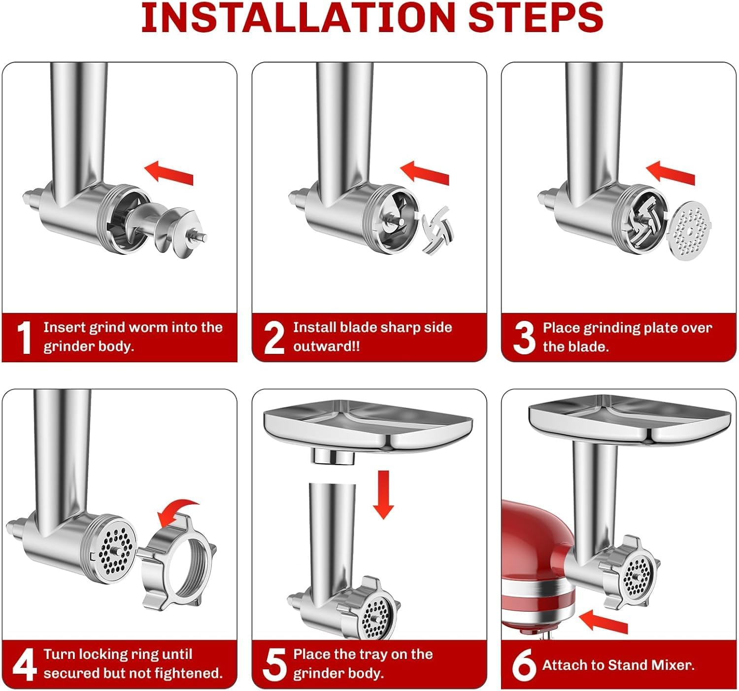 Accesorio picador de carne para batidora de pie Kitchenaid, con 3 cuernos para embutir salchichas, 3 cuchillas para picar, 4 discos para picar y prensa para hamburguesas (acero inoxidable)