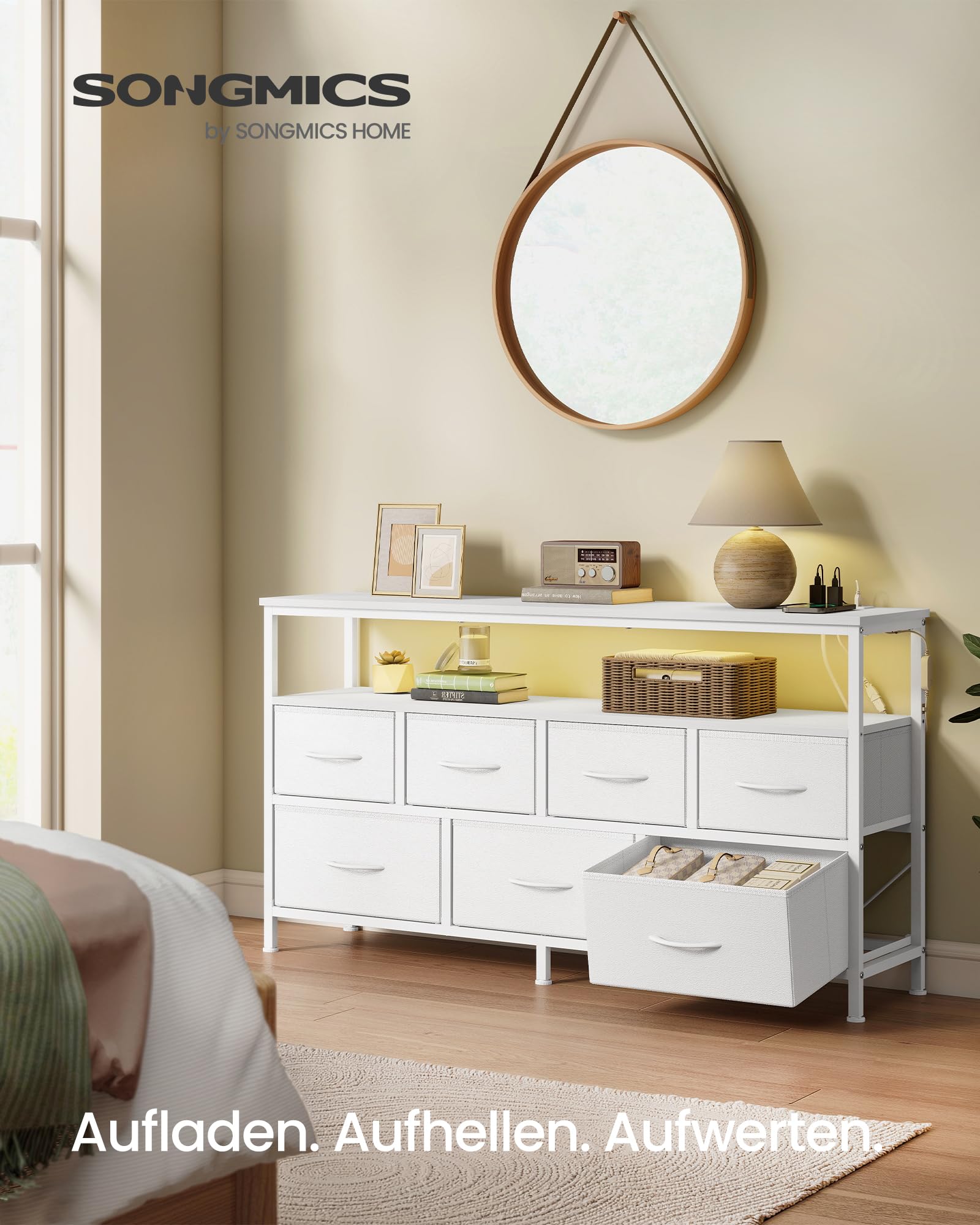 SONGMICS BELLAH Kollektion - Kommode, Schrank, App-gesteuerte LED-Beleuchtung, Sideboard mit Ladestation, 1 Ablage, 7 Schubladen, modern, wolkenweiß LGS733WH01