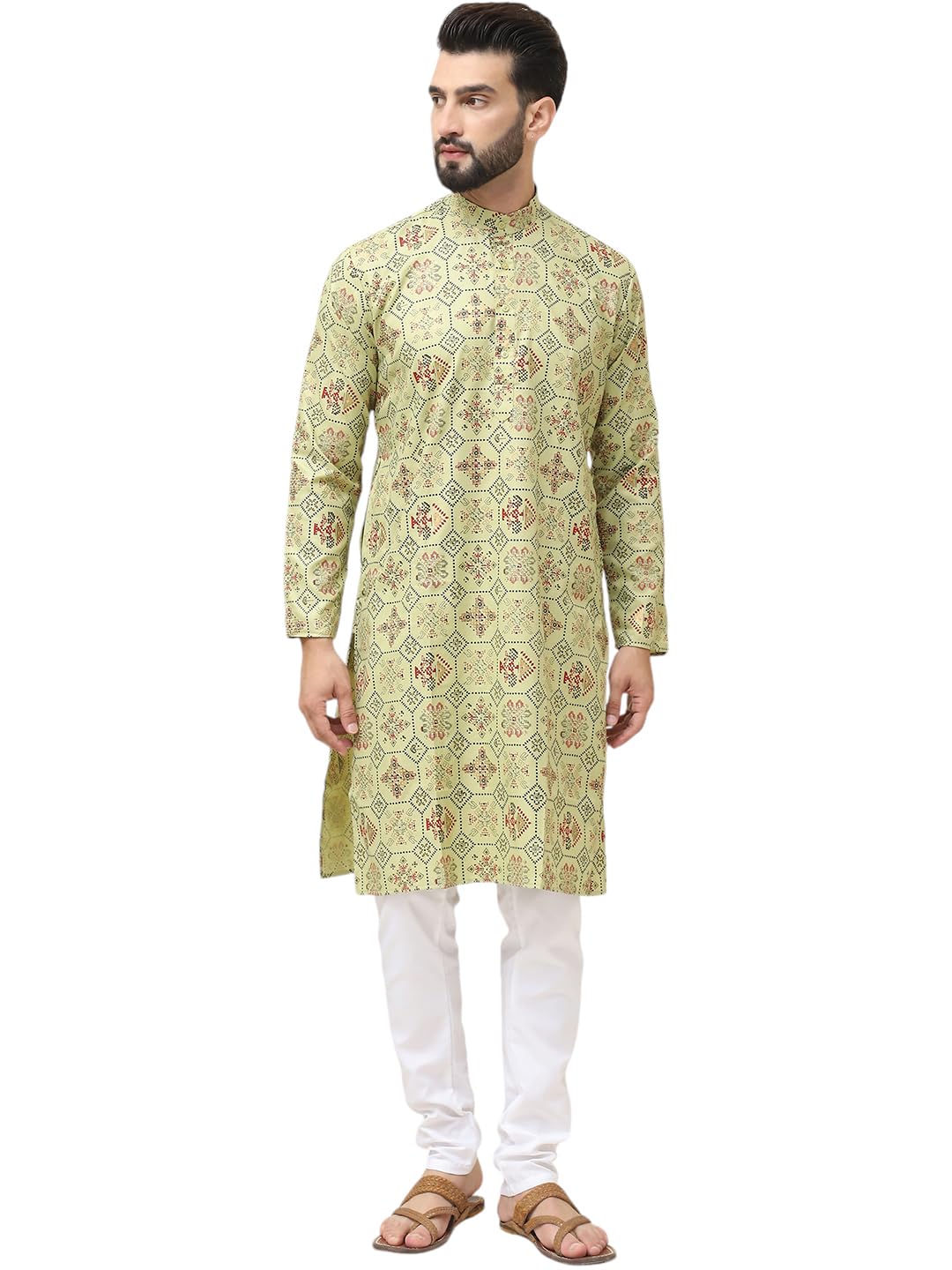 Sojanya (Since 1958 Men's Cotton Blend Pista Green Printed Kurta And White Churidar Pyjama Set