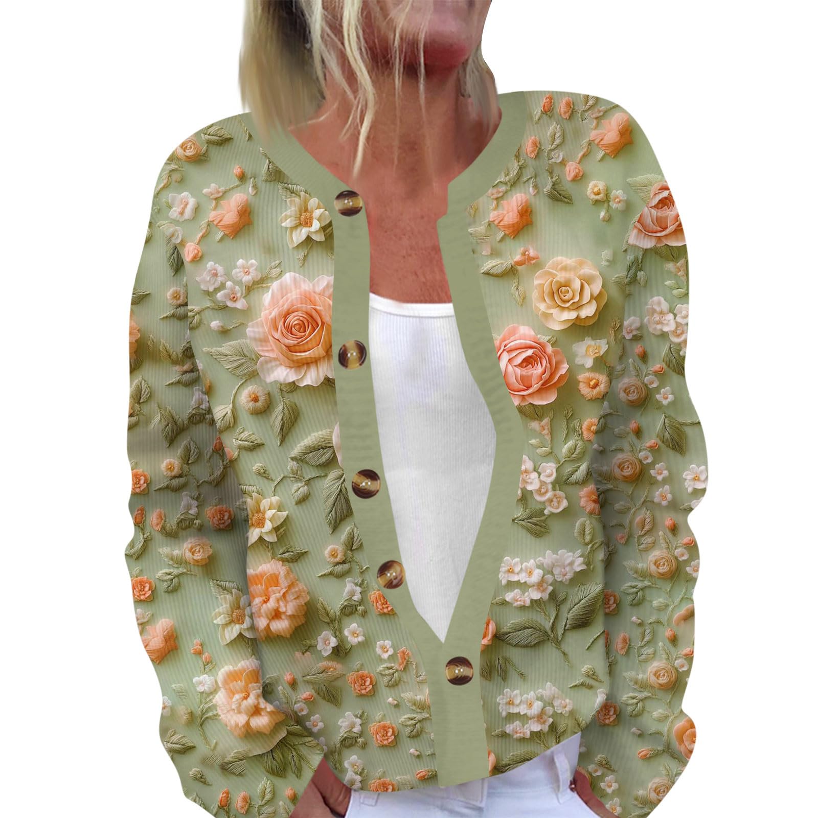 Long Cardigan Sweaters for Women Winter Crew Neck Button Down Sweater Cute Floral Print Cardigan Openfront Knit Jacket
