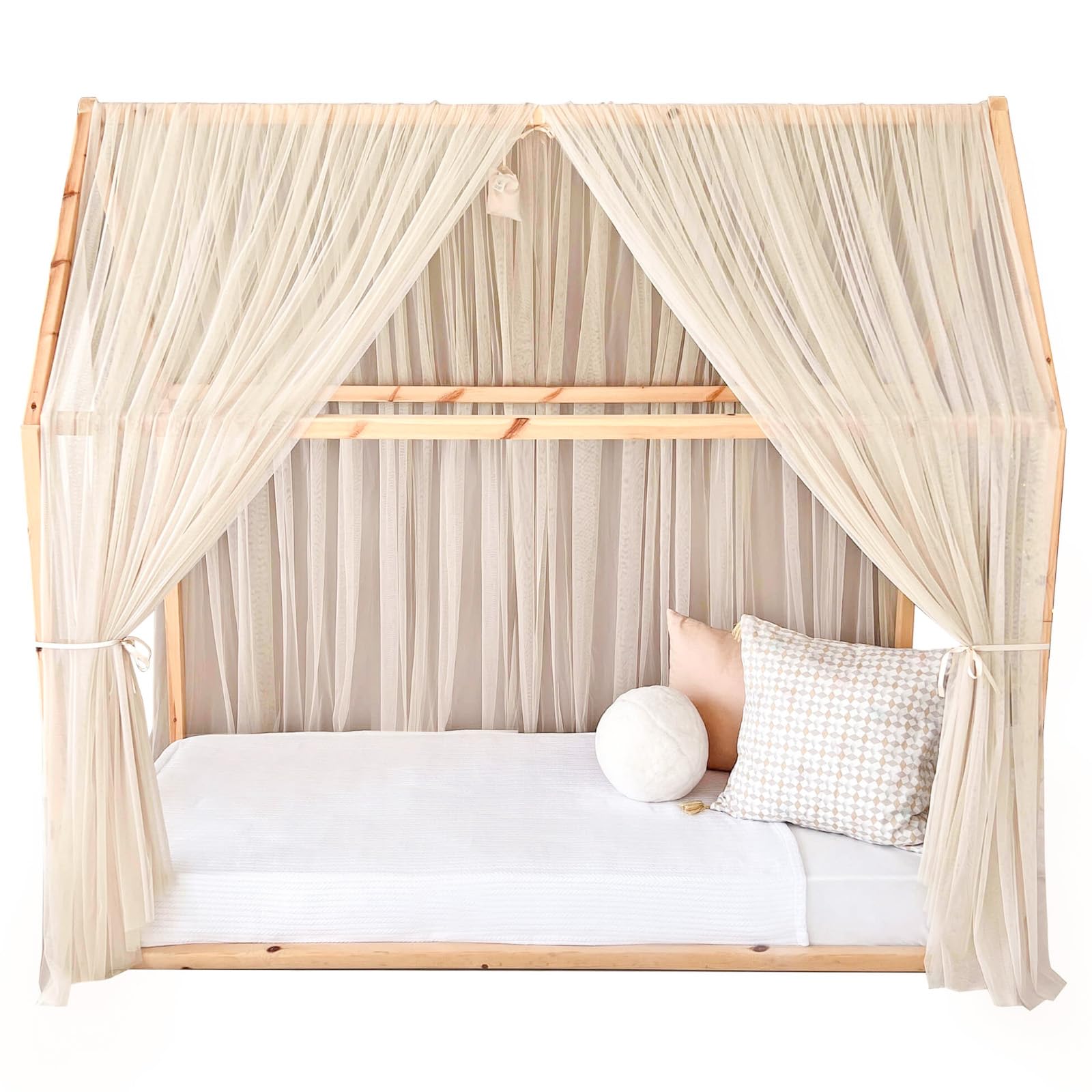 Toldo de cama estilo princesa para niñas, decoración de habitación de niños para camas Montessori, regalo de tul suave para niños pequeños (crema, 320 cm, juego de 4)