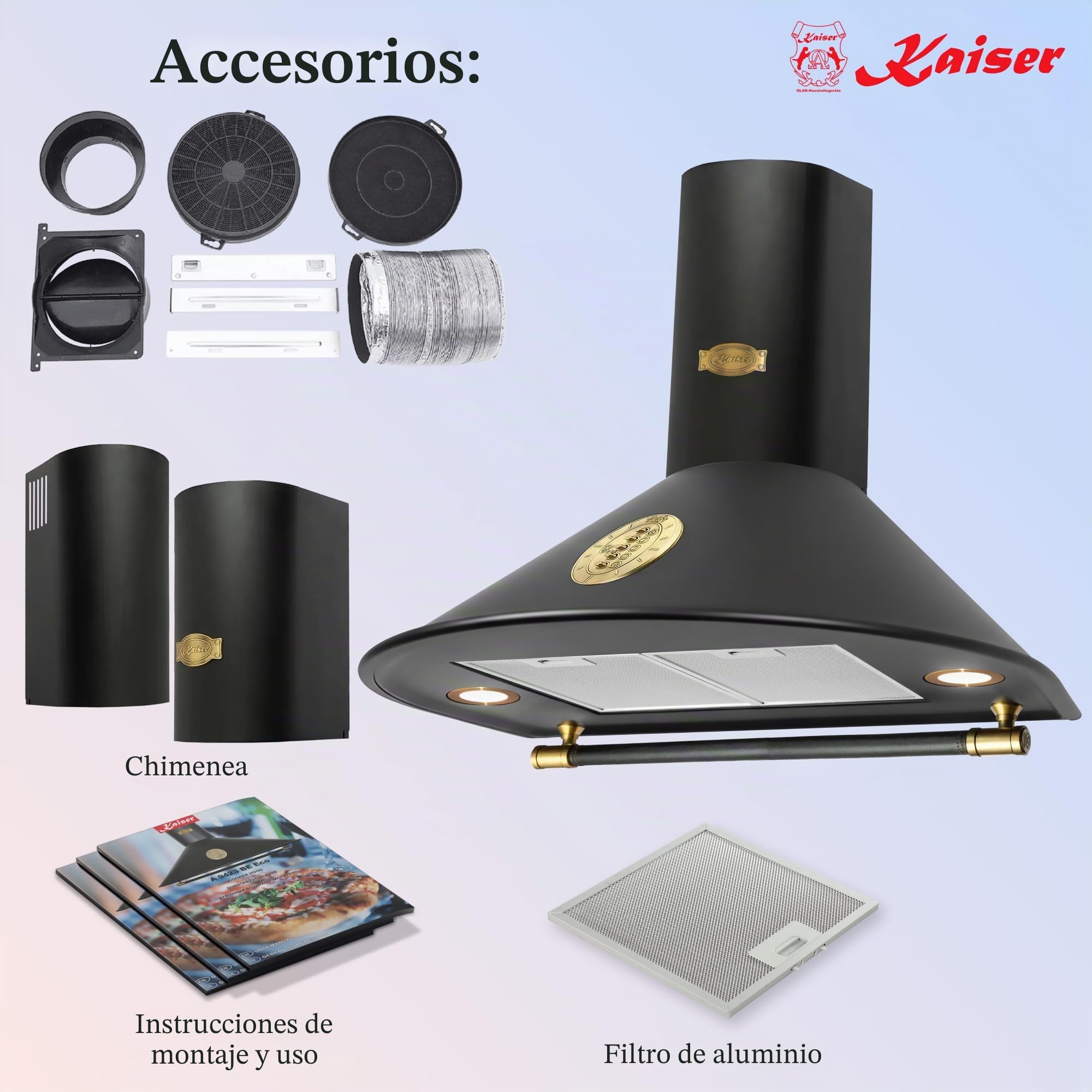 Kaiser 9423 Be Retro campana de cocina de pared 90 cm, fabricante de lujo Kaiser, 3 velocidades, 910 m3/h, iluminación LED, temporizador, German Brand Award 2018
