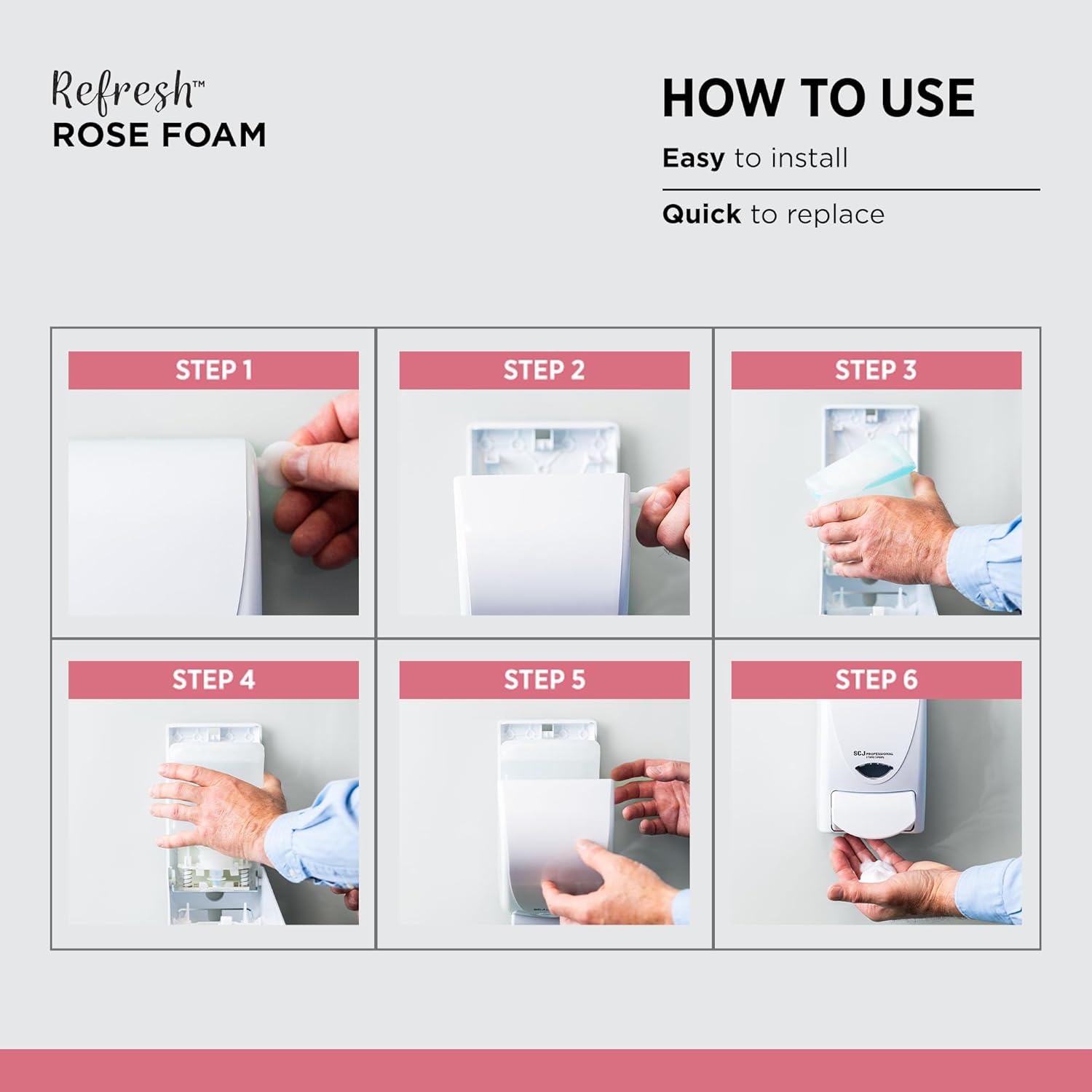 SC Johnson Professional Rose FOAM Dispenser and Refill Starter Kit, Wall Mount Soap Dispenser for Hand Soap, 1 Refresh Rose FOAM Hand Wash, 1 Liter Cartridge, 33.8 fl. oz., for Professional Use Only