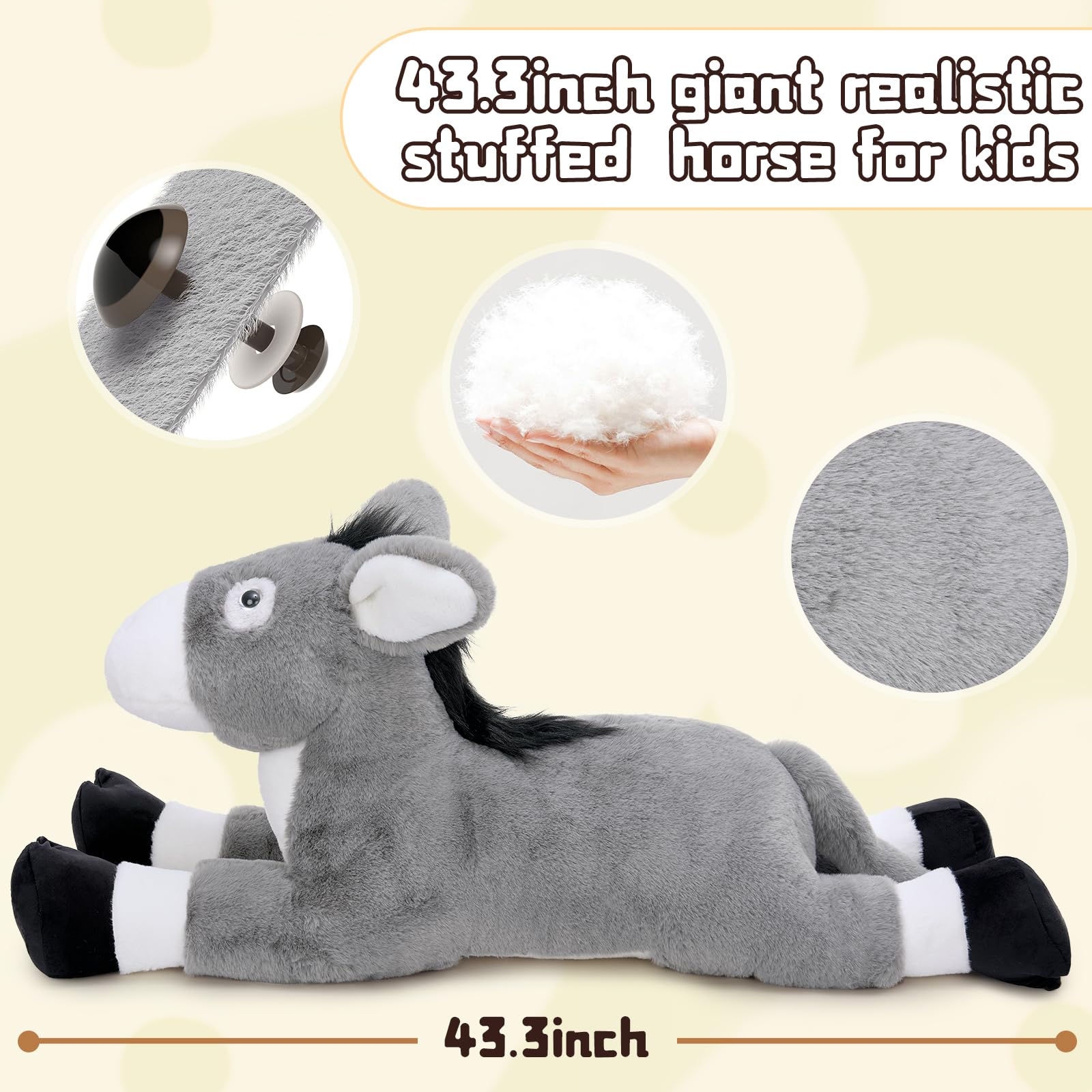 KERTA 43.3inch Giant Donkey Stuffed Animal, Hugging Soft Stuffed Donkey Plush Body Pillow, Realistic Large Farm Animal Plush Toy Gift for Kids 4