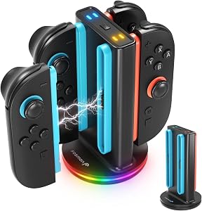 Fosmon 4 in 1 Dual-Direction Magnetic Controller Charger Dock for Switch 2 | Compatible with Nintendo Switch 2 Joy-Con. Multi Charging Station, 9 RGB Light, Smart Overcharge Protection Feature, Black