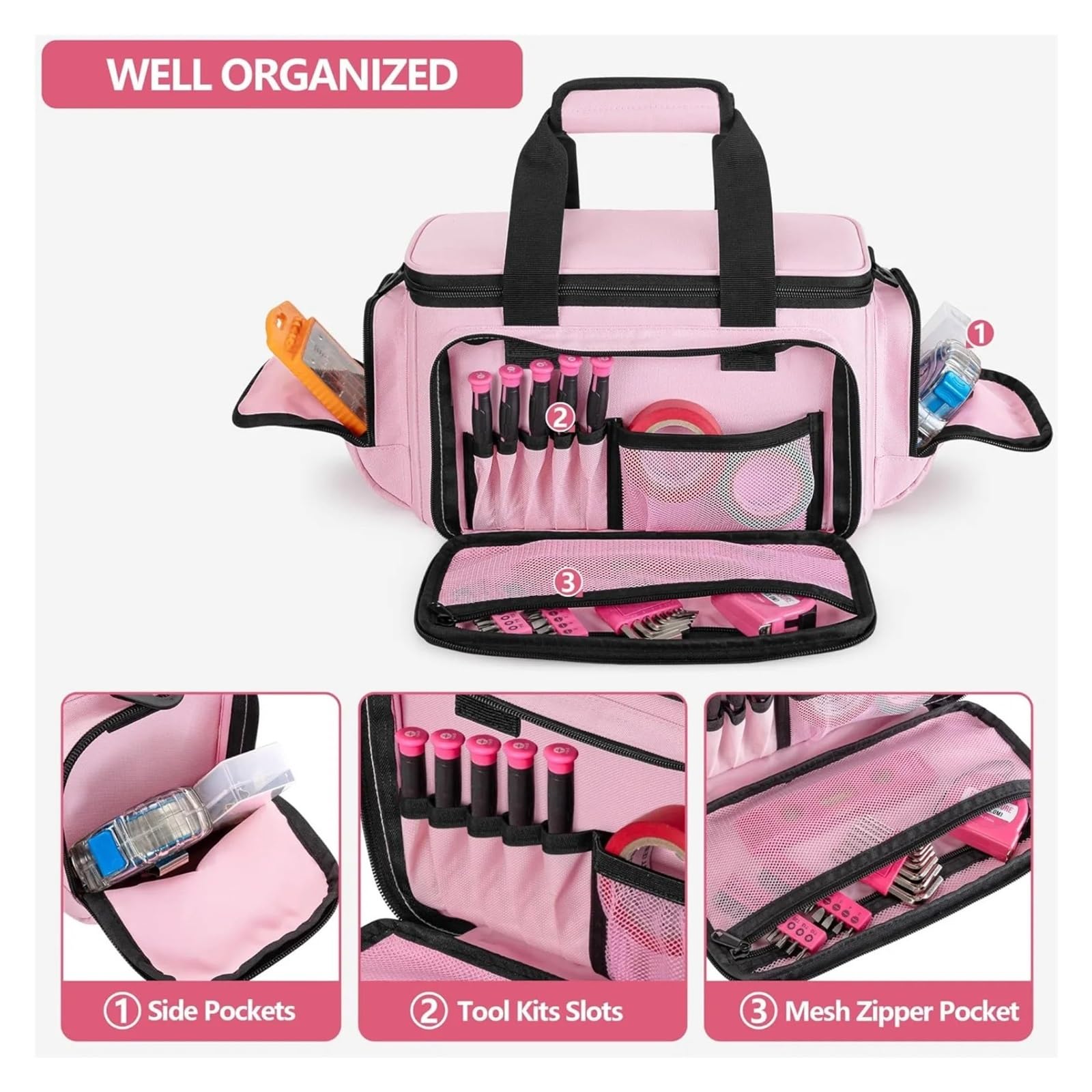 Borsa porta attrezzi rosa da donna, organizer portaoggetti con fondo anti-attrito for elettricista, falegname, riparatore
