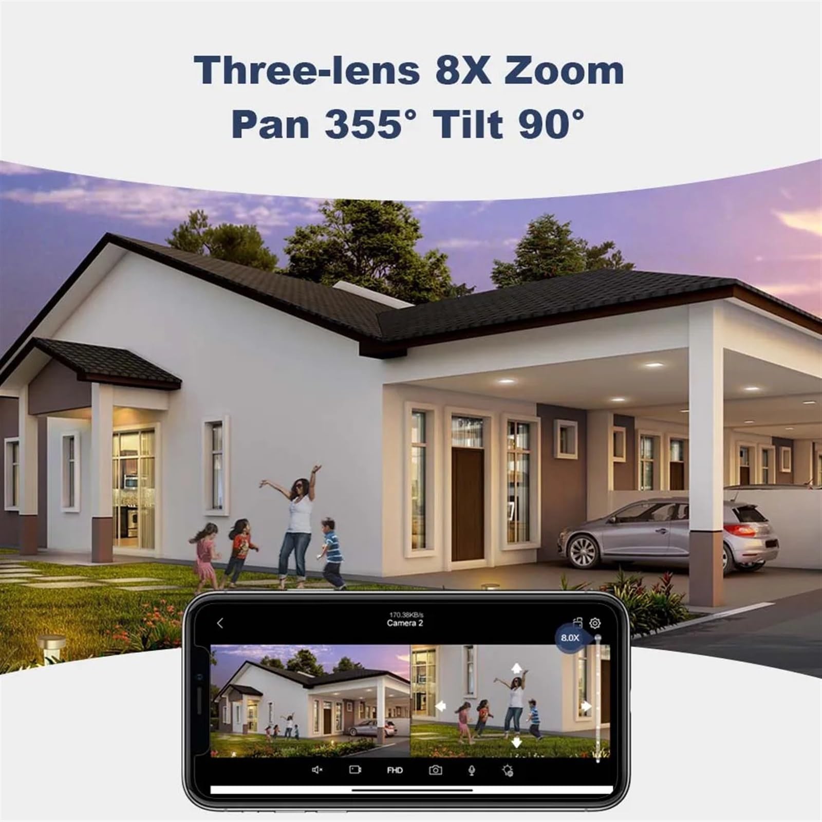Telecamera di Sorveglianza, Telecamera IP 9MP 4K esterna Zoom 8X Tre lenti Monitoraggio automatico di sorveglianza Protezione sicurezza Telecamere CCTV PTZ