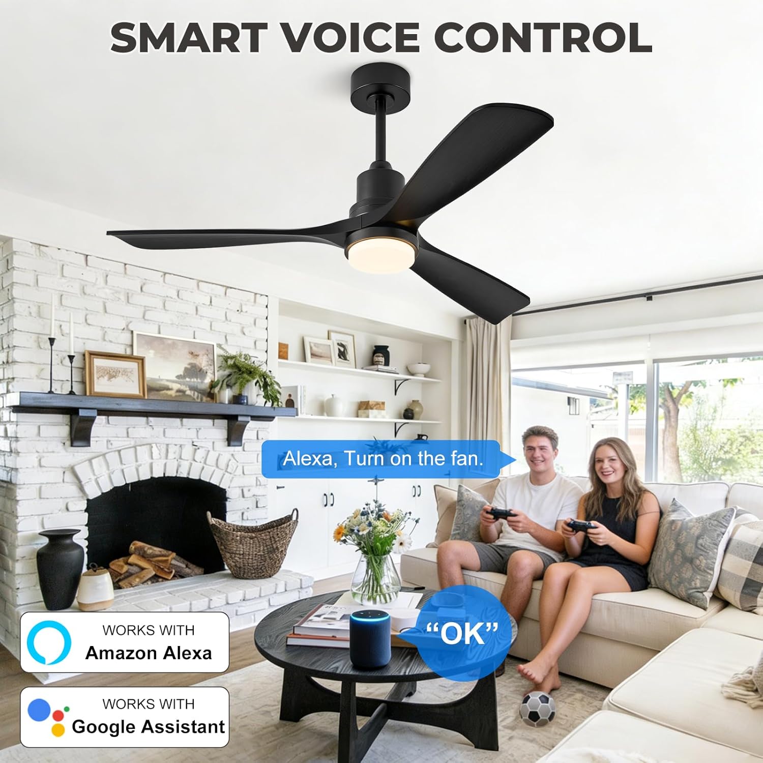 60 inch Smart Ceiling Fan with Lights,Outdoor Ceiling Fan 3 Wood Blades Works with Alexa/Gg Voice Control&App&Remote,Quiet DC Motor for Covered Patio Porch Bedroom,Black