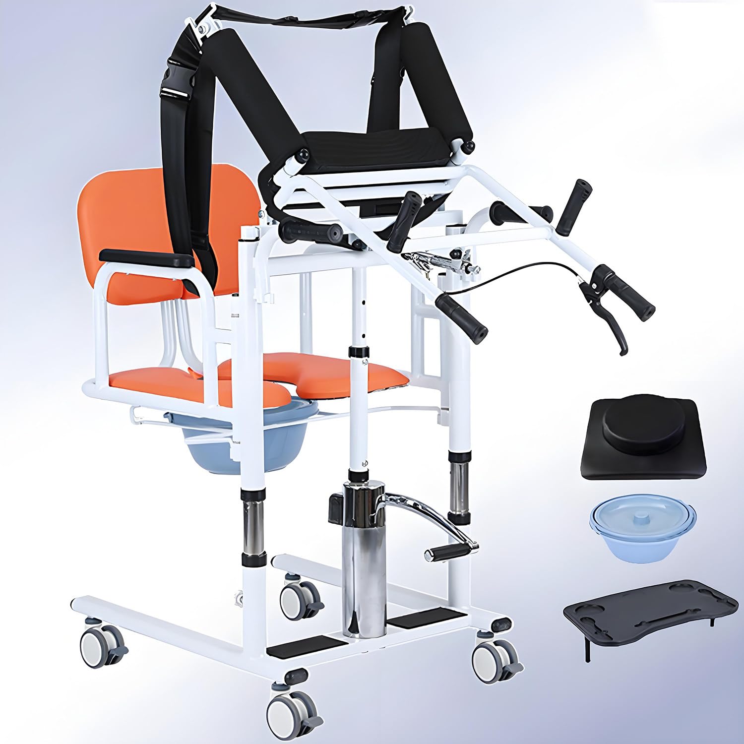 Silla elevadora hidráulica para traslado de Pacientes en casa, con Altura Ajustable y Apertura de 180°, para atención domiciliaria de Adultos Mayores, Capacidad de 400 LB Orange