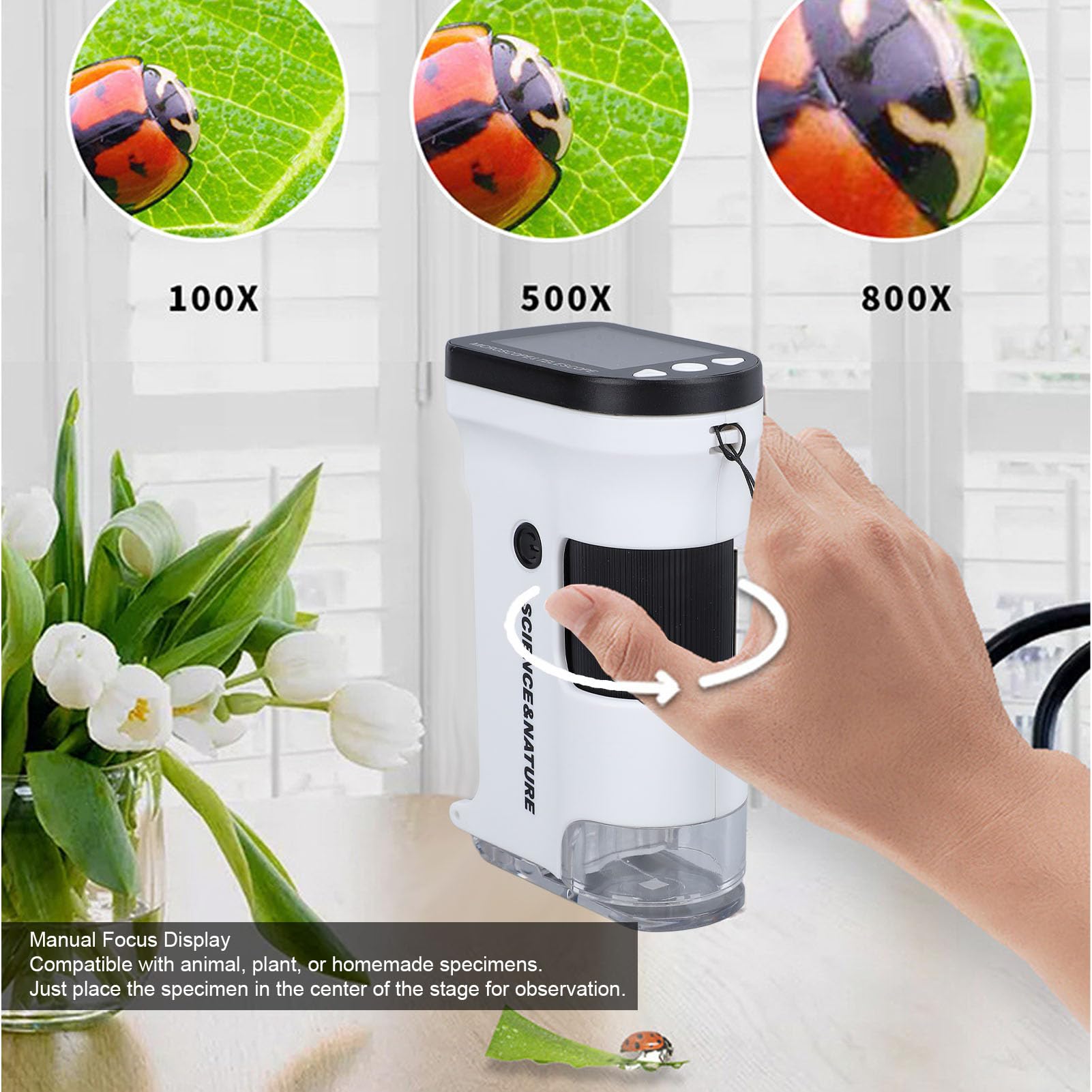 Microscopio de Bolsillo, Mini Microscopio de Mano con Aumento de 800X con Luces LED y 2 Portaobjetos de Microscopio, para Educación en Laboratorio de Ciencias