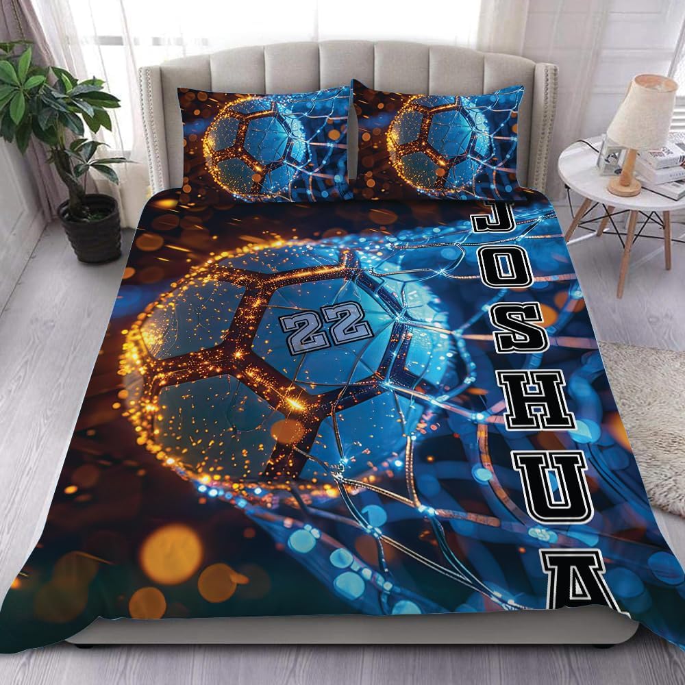 Soccer Twin Comforter - Custom with Name & Number Super Warm Comforter Twin for Soccer Fan Boys Girls Lightweight, Fire Soccer Comforter Set Full for Bedroom Decor (SOCCER-DS08)