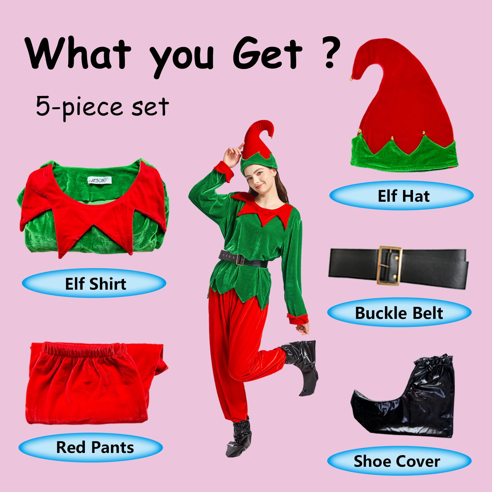 JESOHO Costume d'elfe unisexe pour adulte, déguisement de Noël, haut vert, pantalon rouge, ceinture, chapeau, couvre-chaussures. (Taille : S, M, L, XL, XXL)