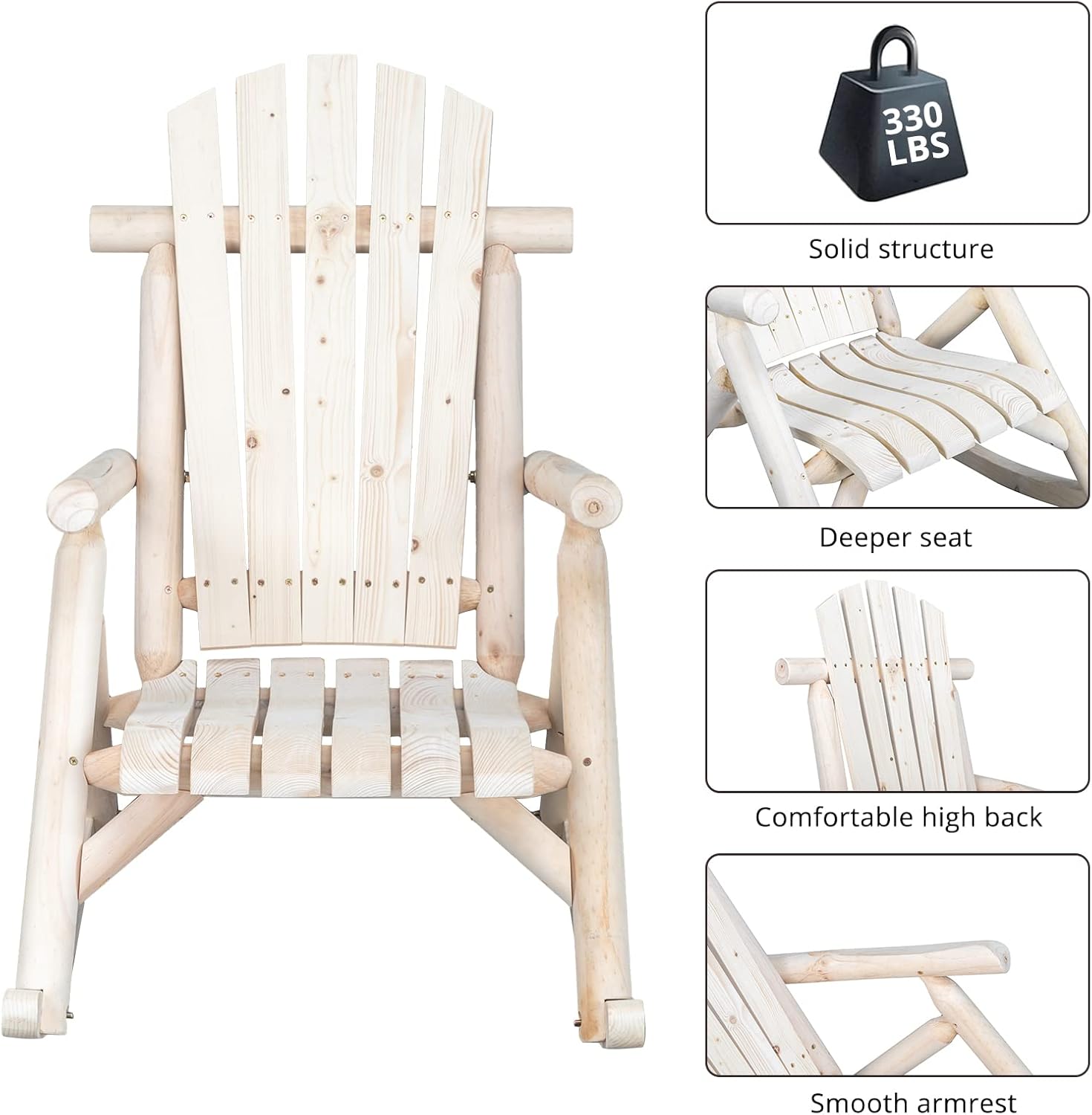 Outvita Wooden Rocking Chair, Fir Log Adirondack Rocker, Outdoor Wood Accent Furniture Lounge Chairs for Garden Patio Backyard Porch (Natural Finish)