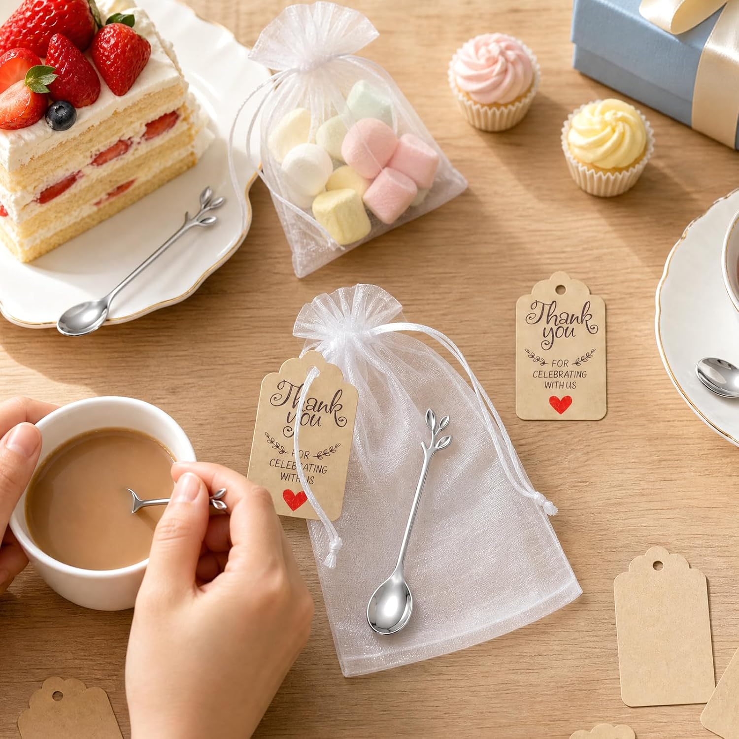 50 Pcs Leaf-Shaped Tea Spoons with Thank You Cards and Bags for Wedding image 5