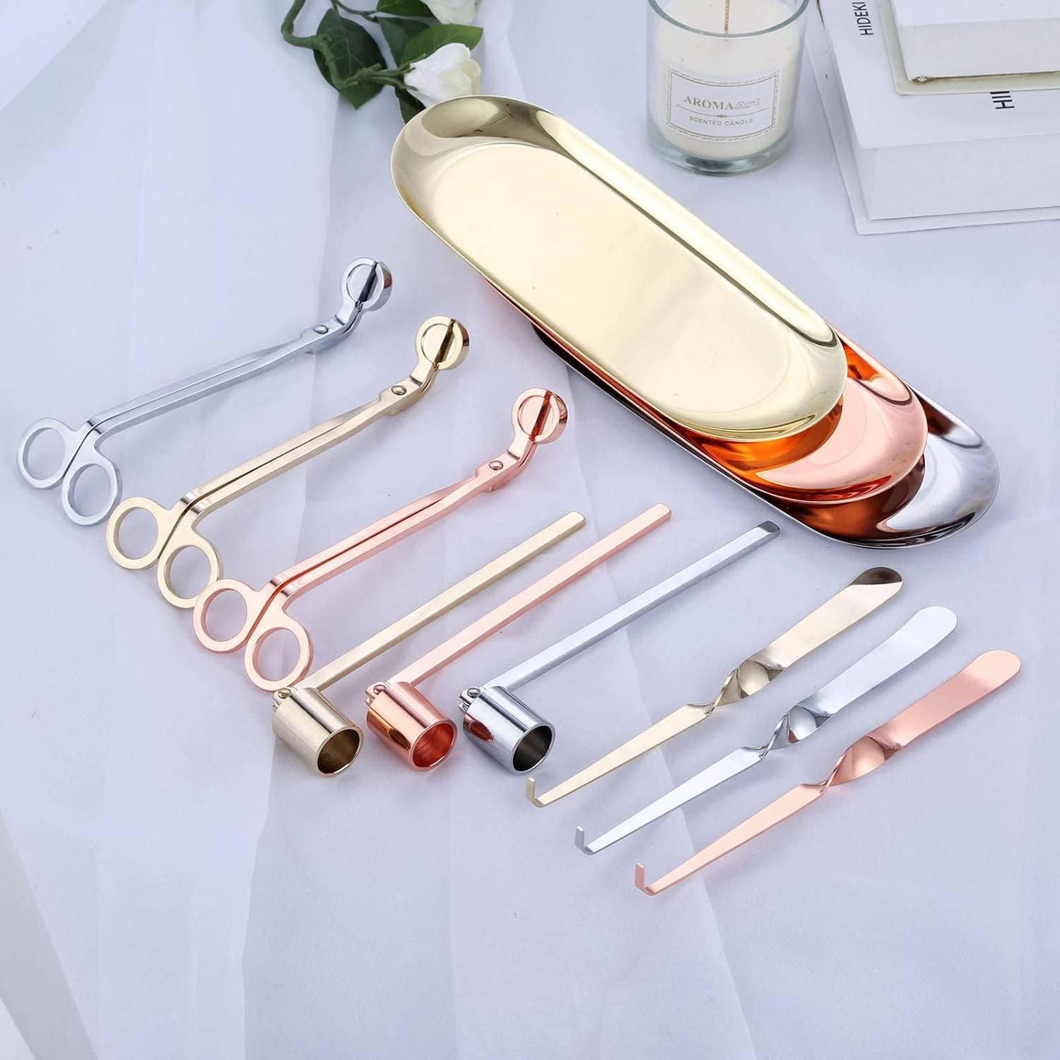 4-in-1 Stainless Steel Candle Care Kit for Candle Lovers, Silver | Wick Trimmer, Snuffer, Wick Dipper & Storage Tray, Gift Ideal, Durable & Easy to Clean, Candle Accessory Set