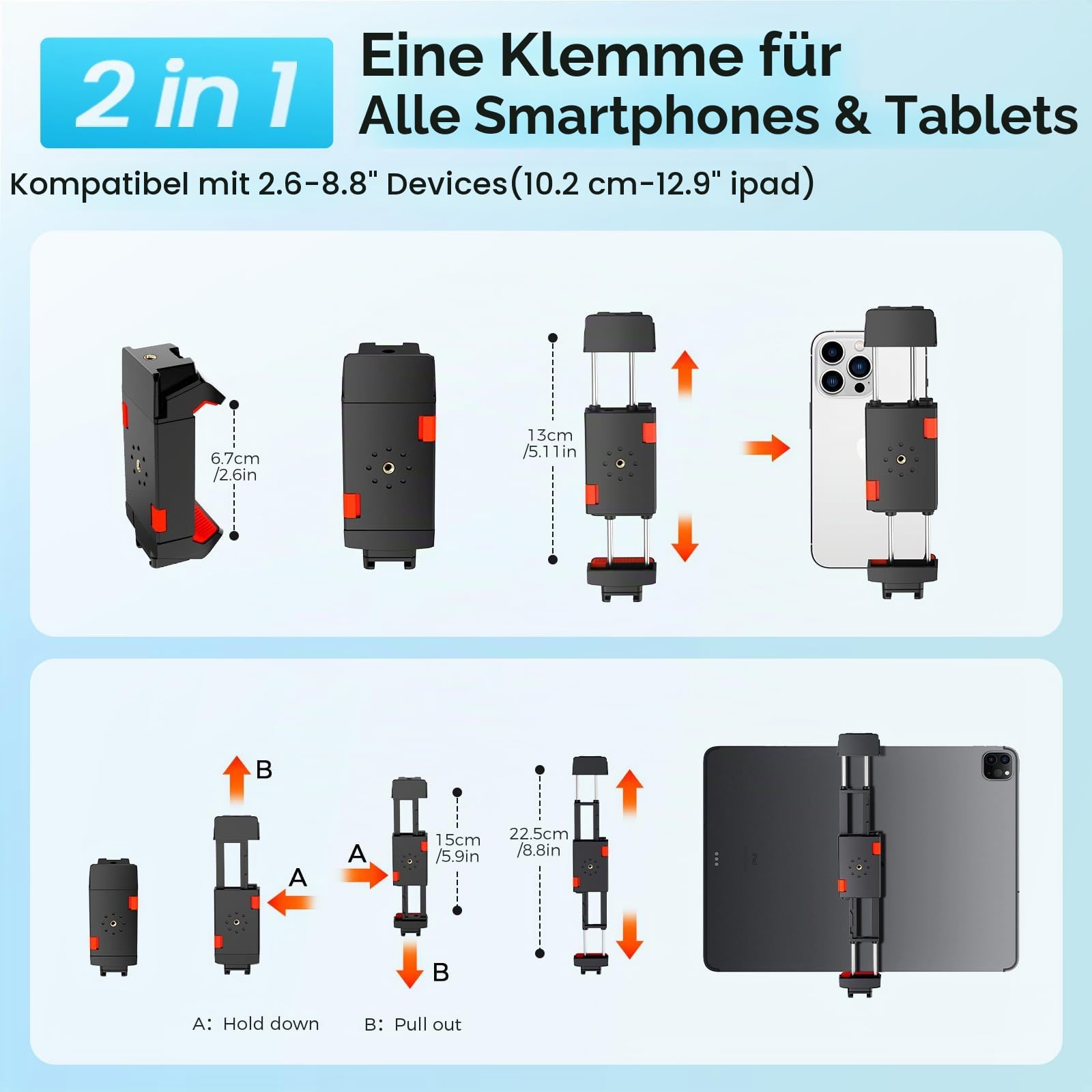 MACTREM 170 cm Aluminium Handy Stativ, Kamera Stativ für Smartphone iPad iPhone Tablet mit 2-in-1 Halterung & Fernauslöser, Tripod Camera für Videoaufnahmen/Selfies/Live-Stream/Vlogging