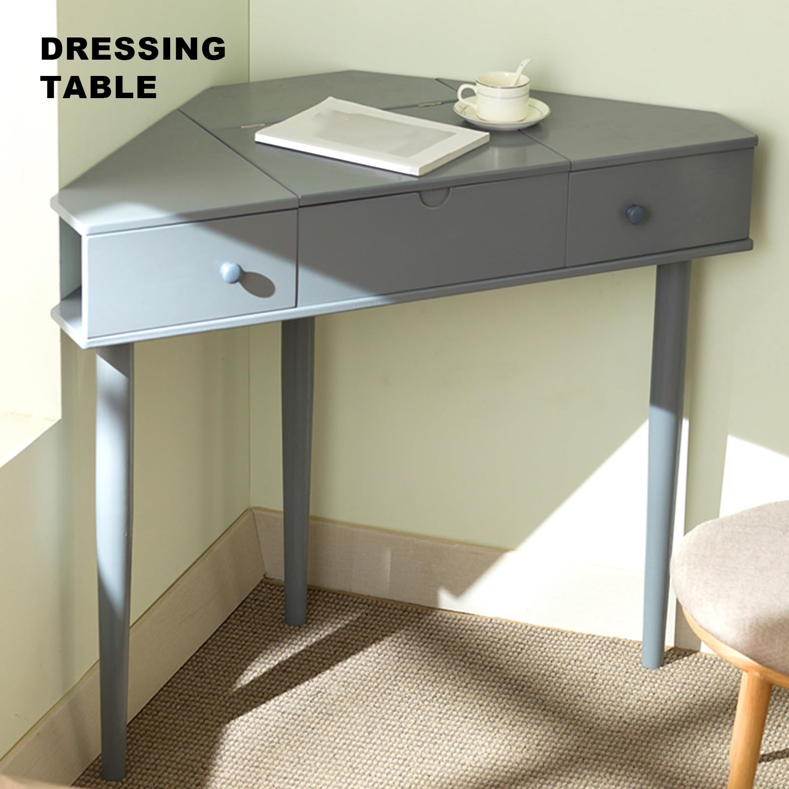 Tavolo da toeletta con specchio pieghevole, elegante scrivania per piccoli spazi, postazione trucco compatta con cassetto portaoggetti, elegante tavolo per camera da letto