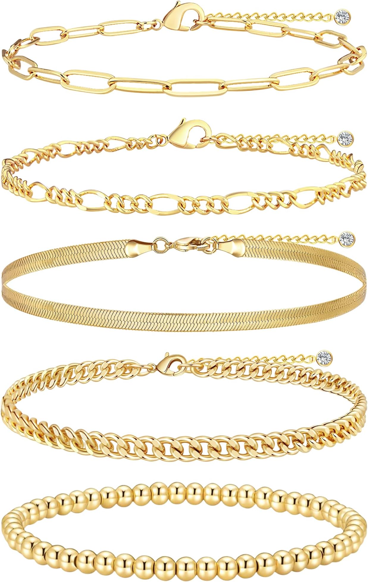 Gold Ankle Bracelets Set for Women 14K Gold Plated Paperclip Herringbone Snake Chunky Cuban Link Chain Anklets Waterproof Layered Anklet Gold Jewelry Gift