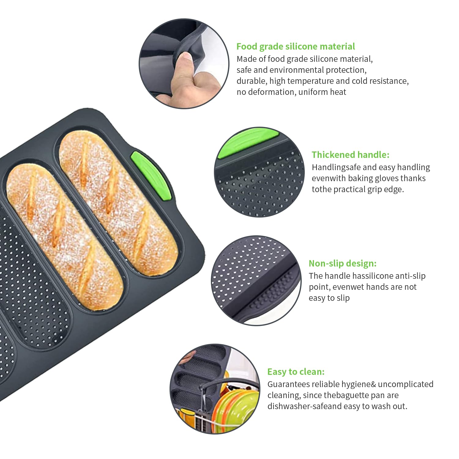 TYUI Silicone Bread Pan for Baking Bread Mold with Four Hole,Nonstick &Easy Clean&Heat Resistant Silicone Loaf Pan,for Home Handmade Bread (green)