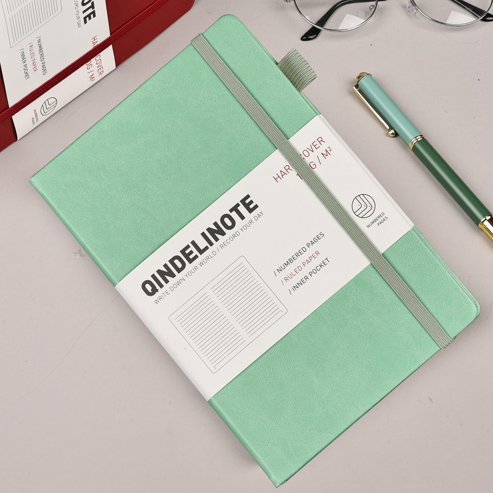 Taccuino a righe formato A5, 192 pagine numerate, con copertina rigida, 100 g/m², carta senza sbavature, copertina rigida con segnalibri, portapenne, tasca interna (verde)