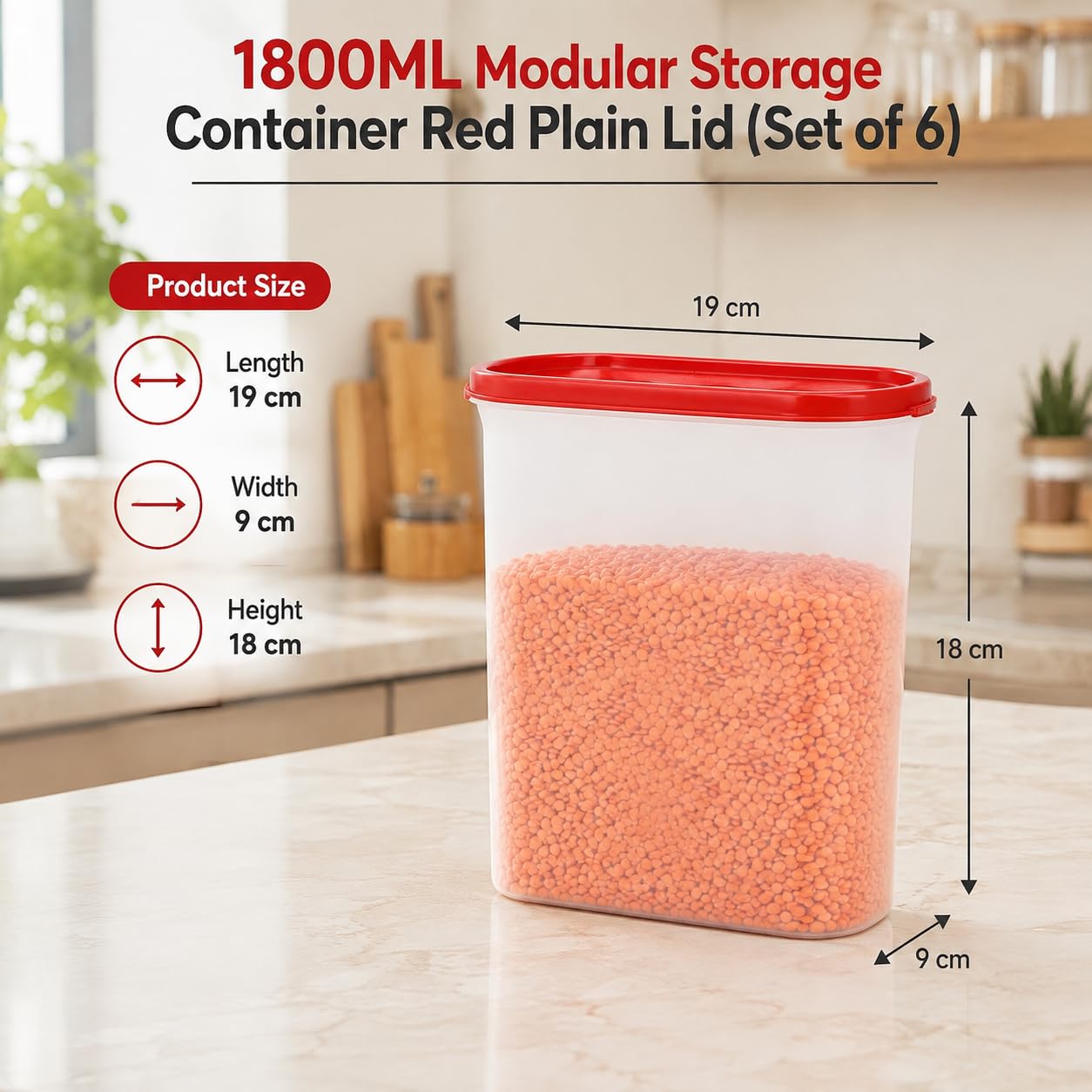 Cutting EDGE 1800ML Modular Storage Container Red Plain Lid (Set of 6)