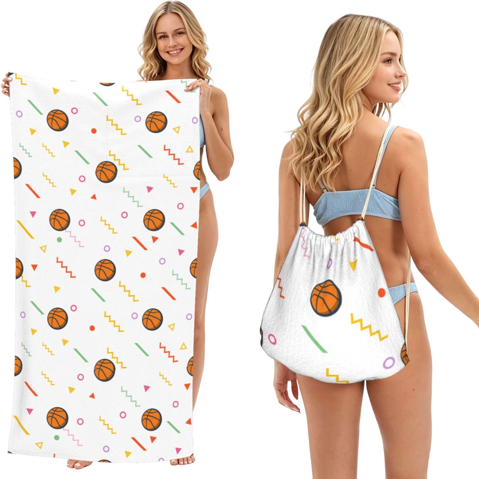 Poadnly As Picture Silhouette Of Basketball, 2 In 1 Packable Towel Bag, Beach Towels With Drawstring Backpack For Travel Holiday Camping