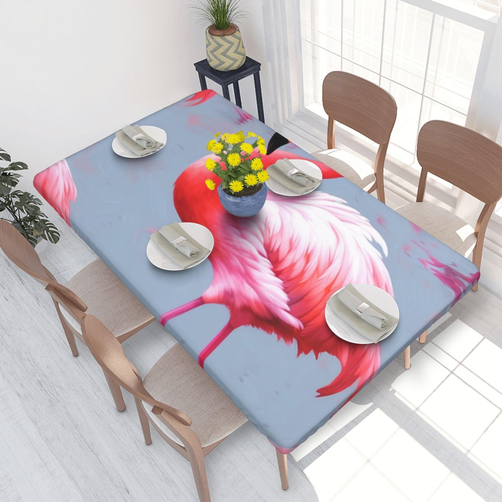 DCARSETCV cute flamingo Printed 4FT Waterproof Tablecloth with Elastic Edged Protect & Decor Your Table, Oil-proof Washable Table Cloth Cover for Dinner Picnic Party