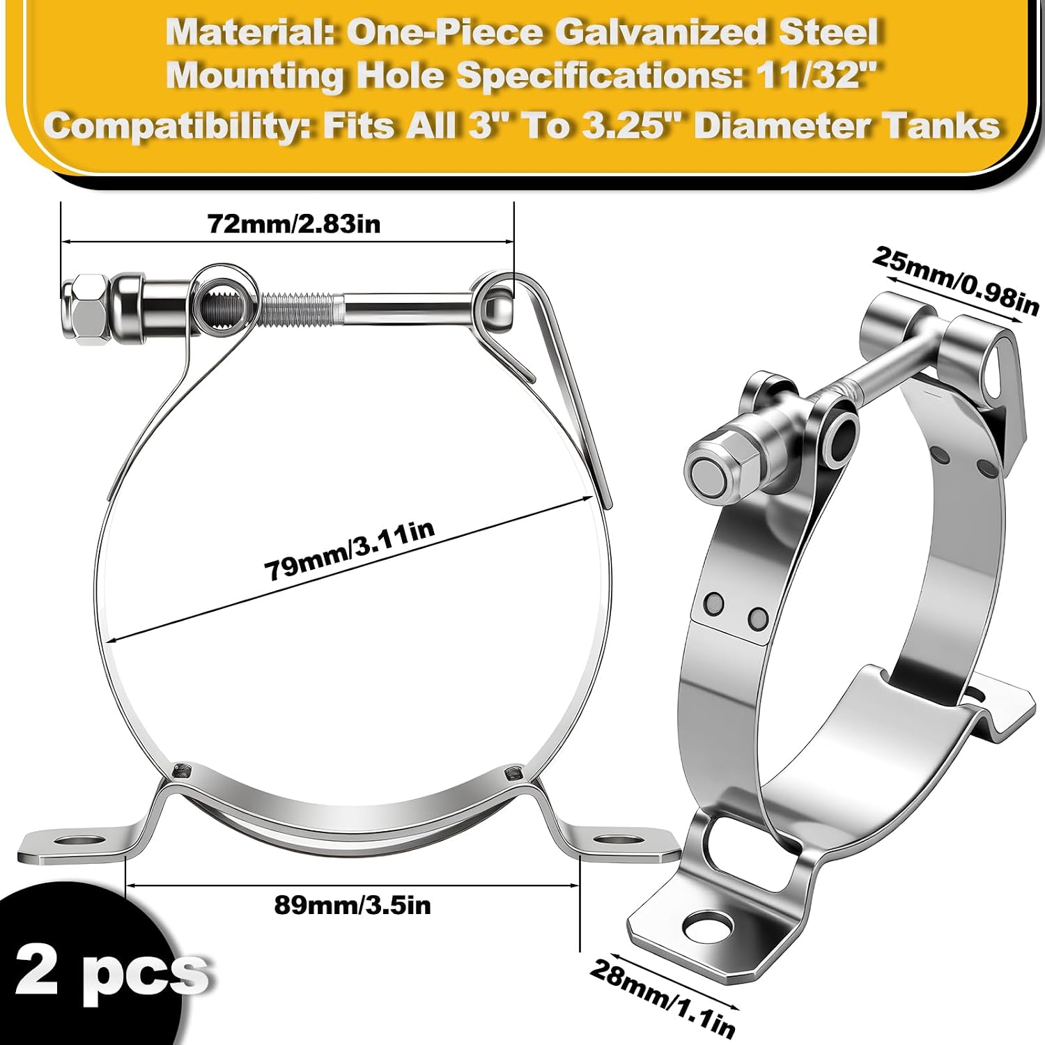 Lounsweer 2 Pcs Universal Tank Mounting Bracket Mounted Adjustable Pipe Hose Clamp Galvanized Steel Fuel Hose Clamp Features Locking Nut for All 3" to 3.25" Diameter Coolant Propane Tanks Holder