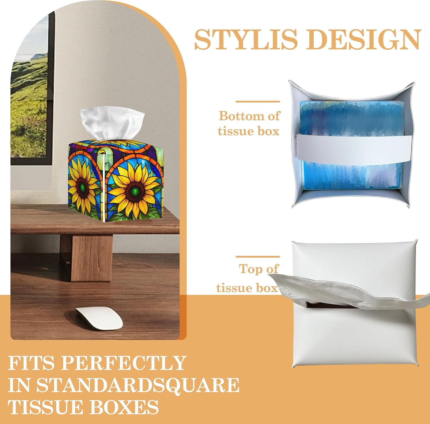 Tissue Box Cover,Retro Sunflower Leather Tissue Holder Organizer Portable Square Decorative Facial Paper Case for Home Office Bathroom Vanity Countertop image 3