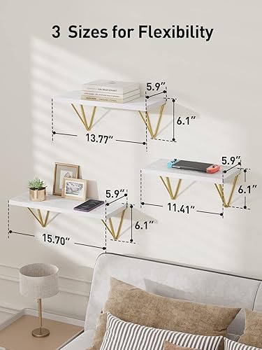 Miniatura 8 de Amada Pack de estantes flotantes blancos con soportes triangulares de metal dorado, paquete de 2 estantes flotantes blancos