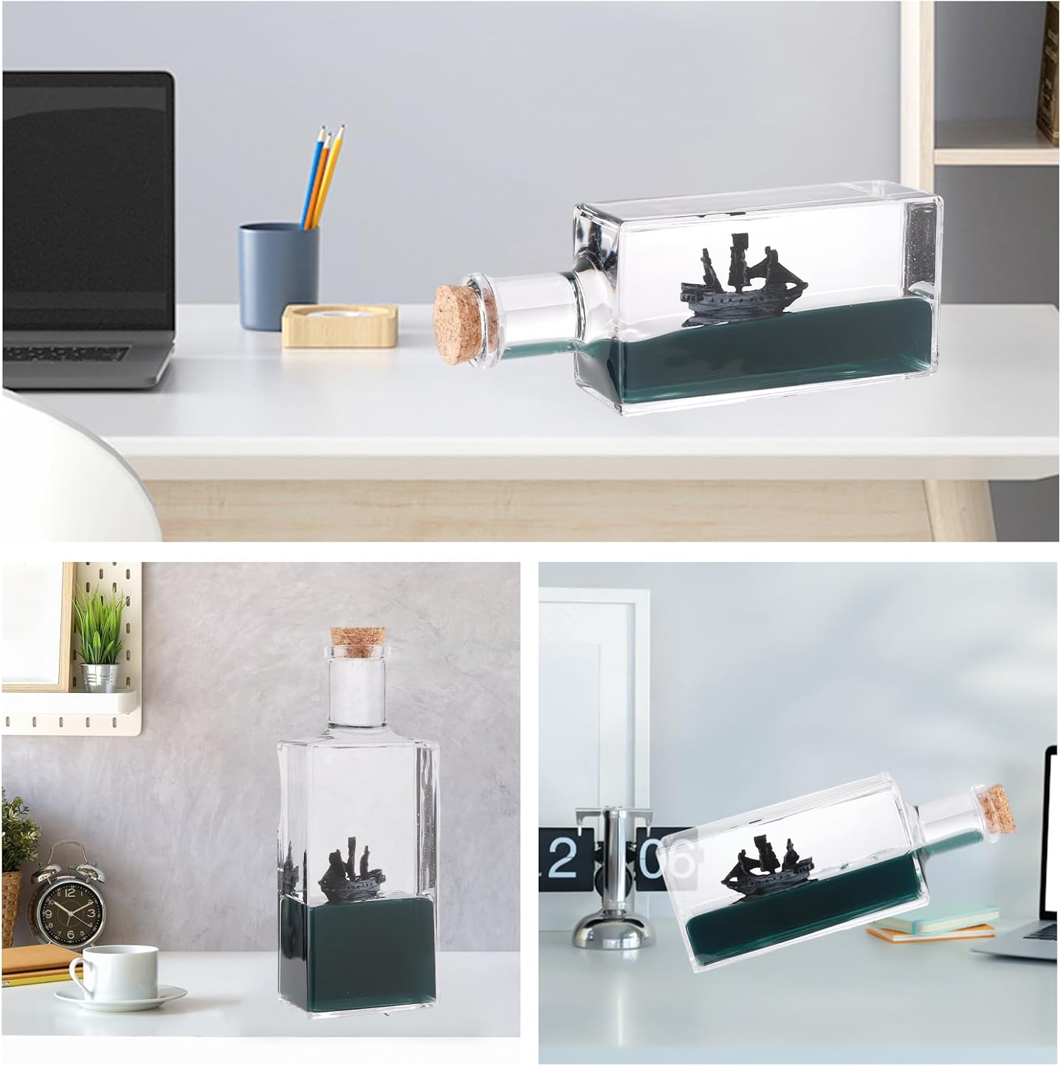 Unsinkable Ship Desktop Ornaments, One Piece Ship in a Box, Floating Black Pearl Boat Ornament, Fluid Wavy Unsinkable Ship Decor for Car Paperweight Desk Toy Gifts Model Home Decor Bottled