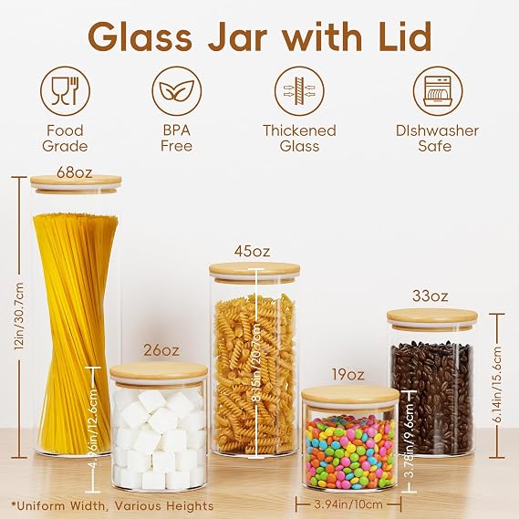 Sugar Jar Glass Salt Container,Multi Size Clear Airtight Caning with Bamboo Lid(19/26/33/45/68 Ounces) Pack of 5, Storage Overnight Oats, Salts, Coffee Bean, Spice, Creamer, Food Organizer,