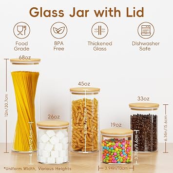 Sugar Jar Glass Salt Container,Multi Size Clear Airtight Caning with Bamboo Lid(19/26/33/45/68 Ounces) Pack of 5, Storage Overnight Oats, Salts, Coffee Bean, Spice, Creamer, Food Organizer,