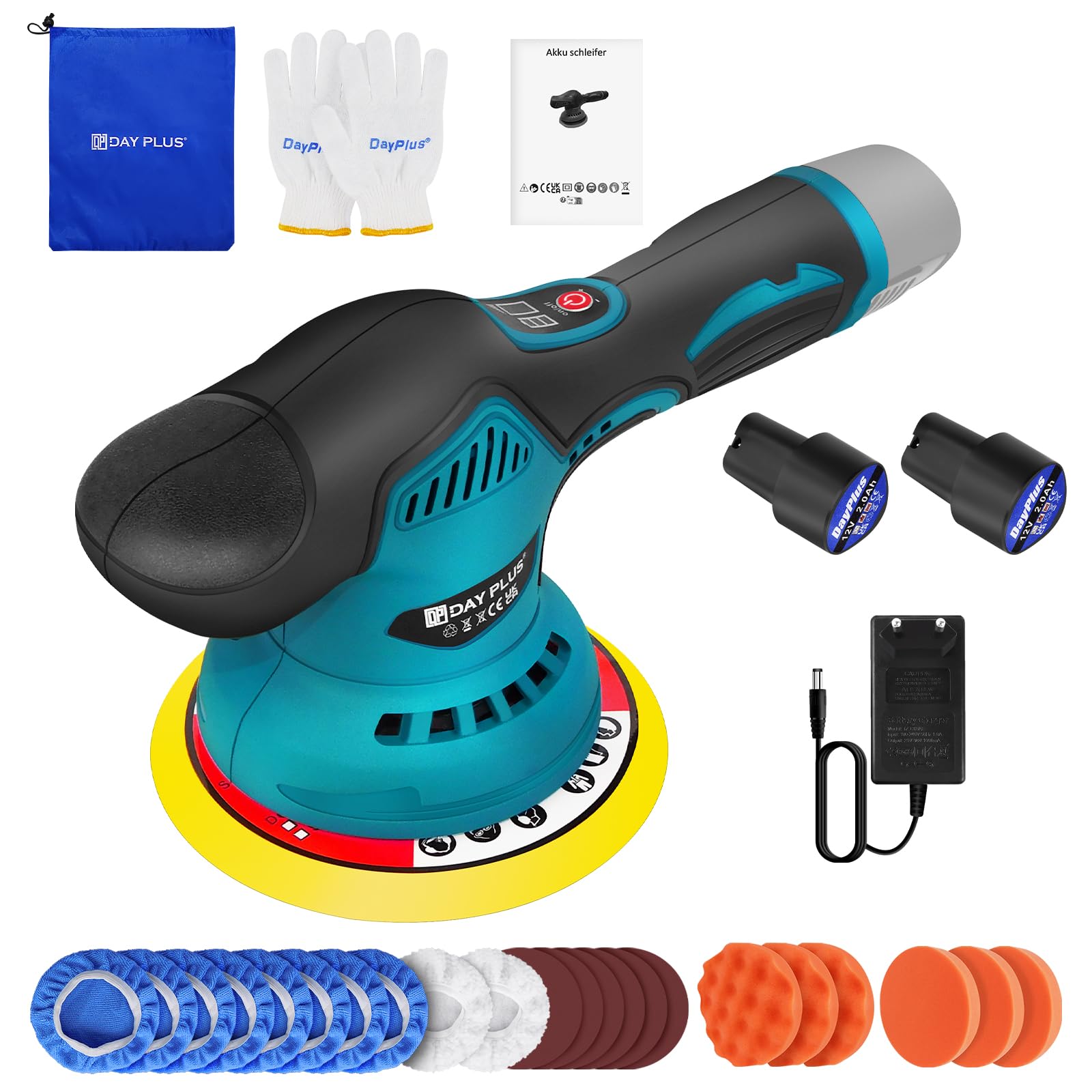 Polisseuse à main sans fil 12 V avec 2 batteries de 2000 mAh, 8 vitesses variables, Lustreuse Voiture, Polisseur de Voiture, Cireuse Lustreuse, idéal pour le meulage, le polissage, le cirage (bleu)
