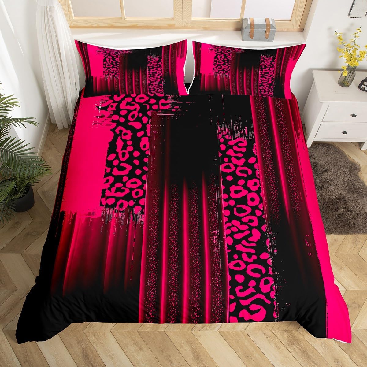 Feelyou Hot Pink Black Reversible Bedding Set Queen Size Abstract Leopard Comforter Cover Set for Kids Adults Ombre Stripes Duvet Cover Modern Art Bedspread Cover Room Decor 3Pcs with 2 Pillow Case