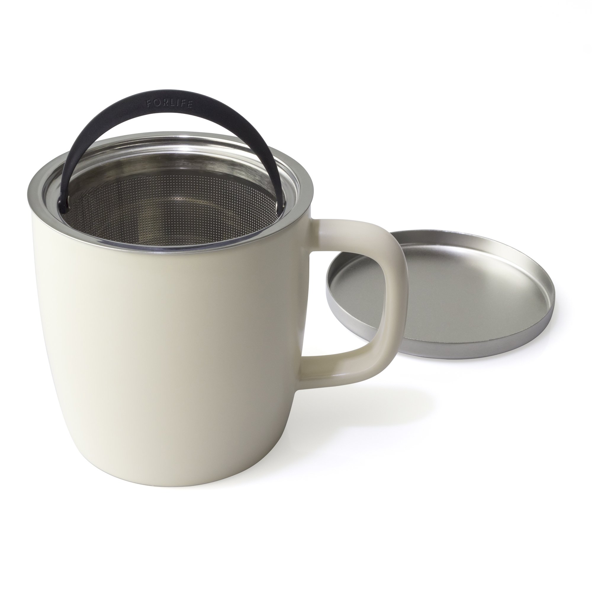 FORLIFE Dew Taza de café con acabado satinado con infusor de cesta y tapa de acero inoxidable, 11 onzas