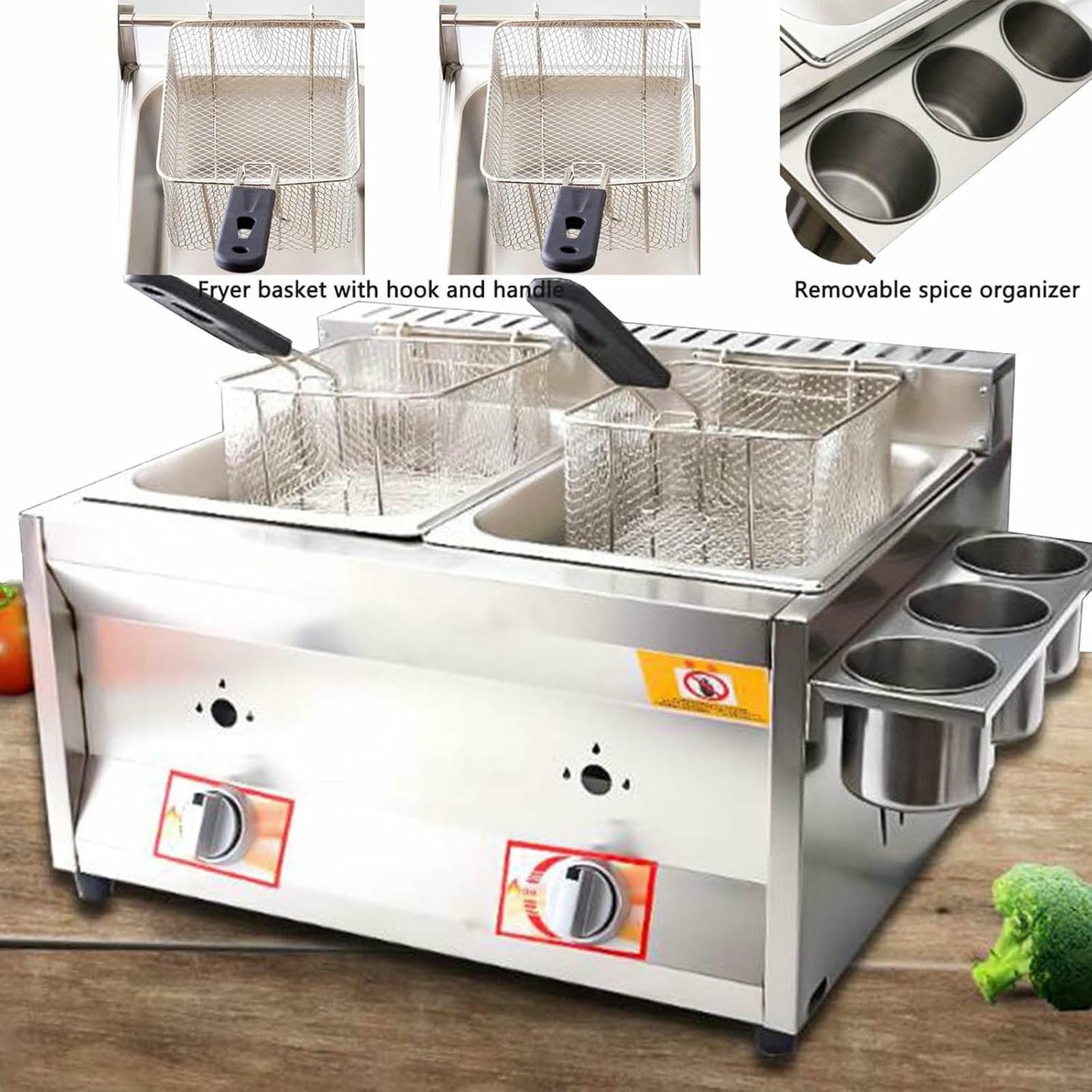 Friggitrice Professionale a Gas in Acciaio Inox con Doppio Serbatoio e Coperchio, capacità 2x10L, per Patatine Fritte, Snack di Carne