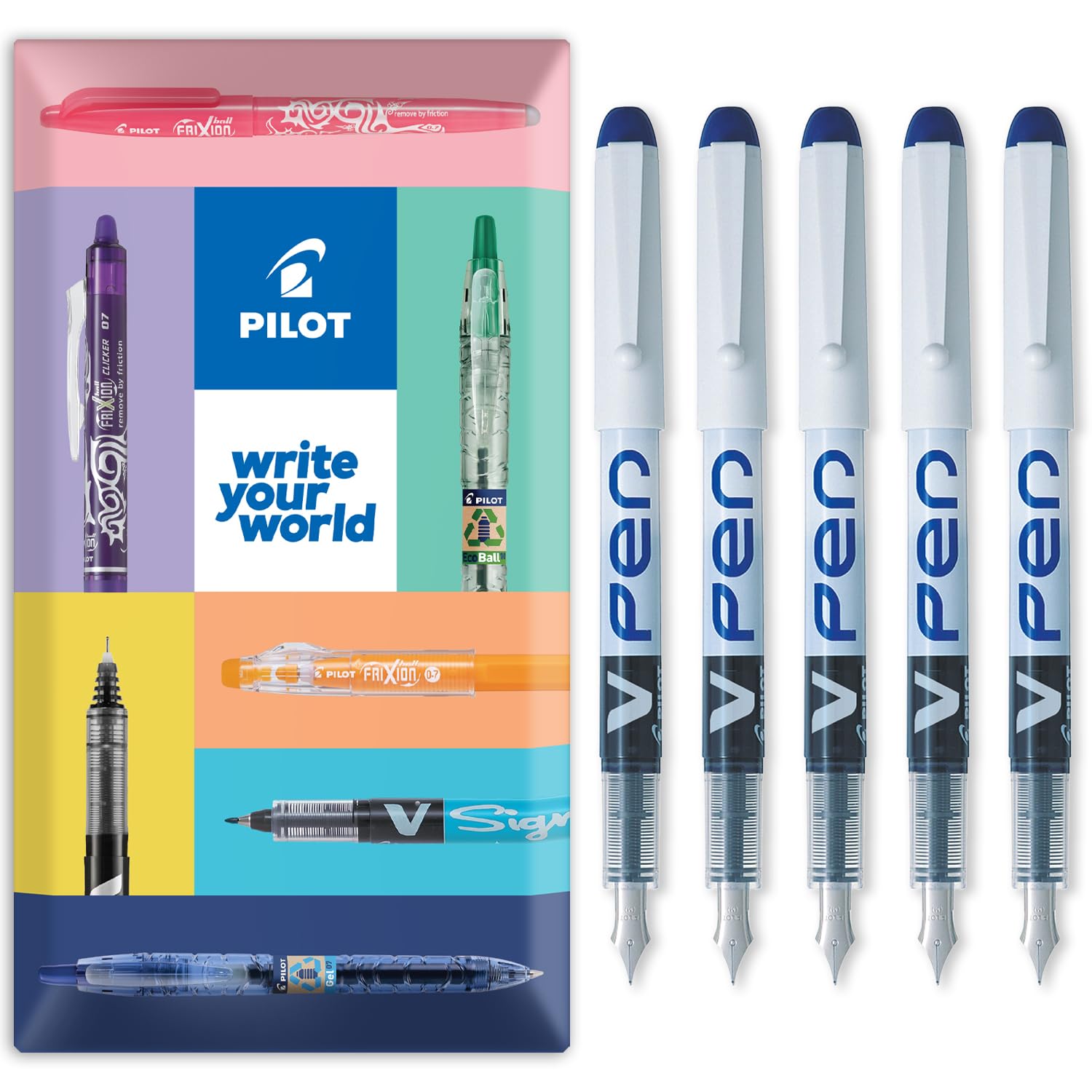 V PEN - Erasable Disposable Fountain Pen - 0.6mm Nib Tip - Medium Line - Wallet Pack of 5 - Blue Ink