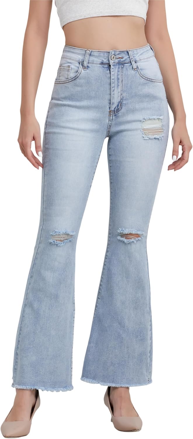 Women's High Waisted Ripped Flare Jeans Skinny Trendy Jeans Wide Leg High Rise Denim Pants for Casual Trendy Look