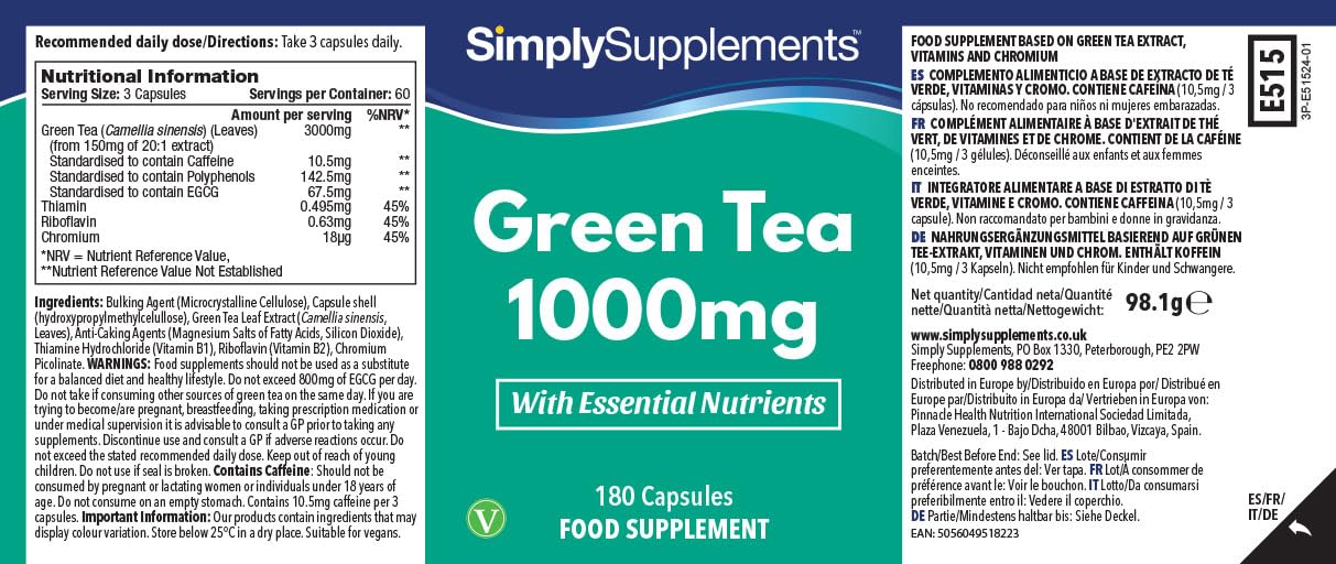 Tè Verde 1000 mg– 360 capsule – con aggiunta di Cromo – adatto ai vegetariani – prodotto nel Regno Unito